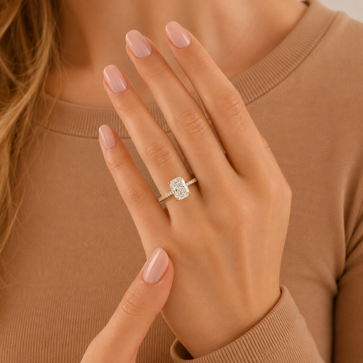 Radiant Cut Diamond Engagement Ring, Hidden Halo Ring, Pave Band Ring, Cushion Style Solitaire Ring, Minimalist Proposal Ring