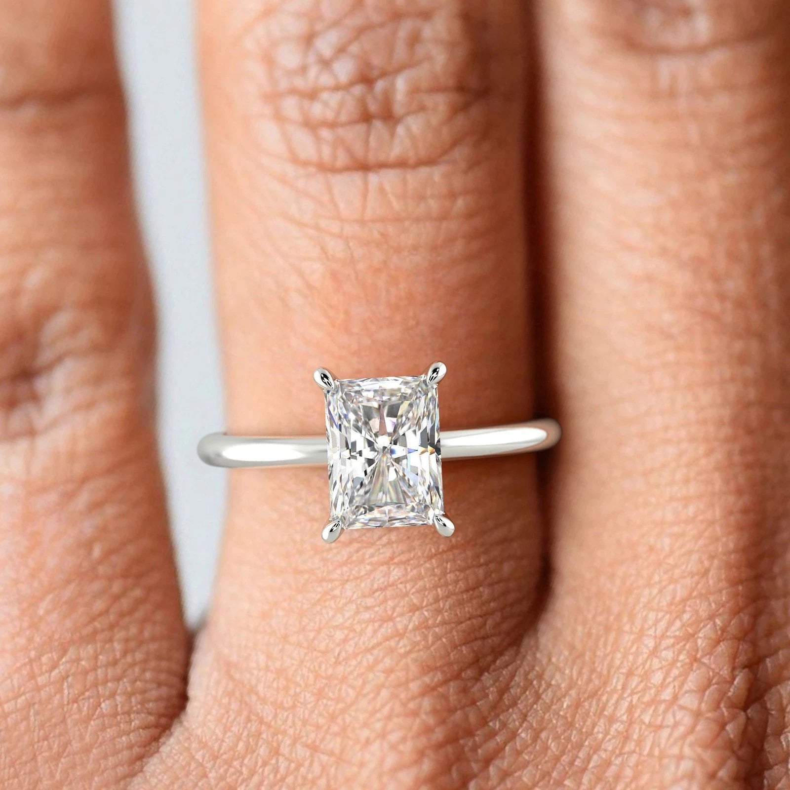 Radiant Cut Lab Grown Diamond Engagement Ring, Classic 4 Prong Solitaire Ring, White Gold Promise Ring, Hidden Halo Wedding Ring Her