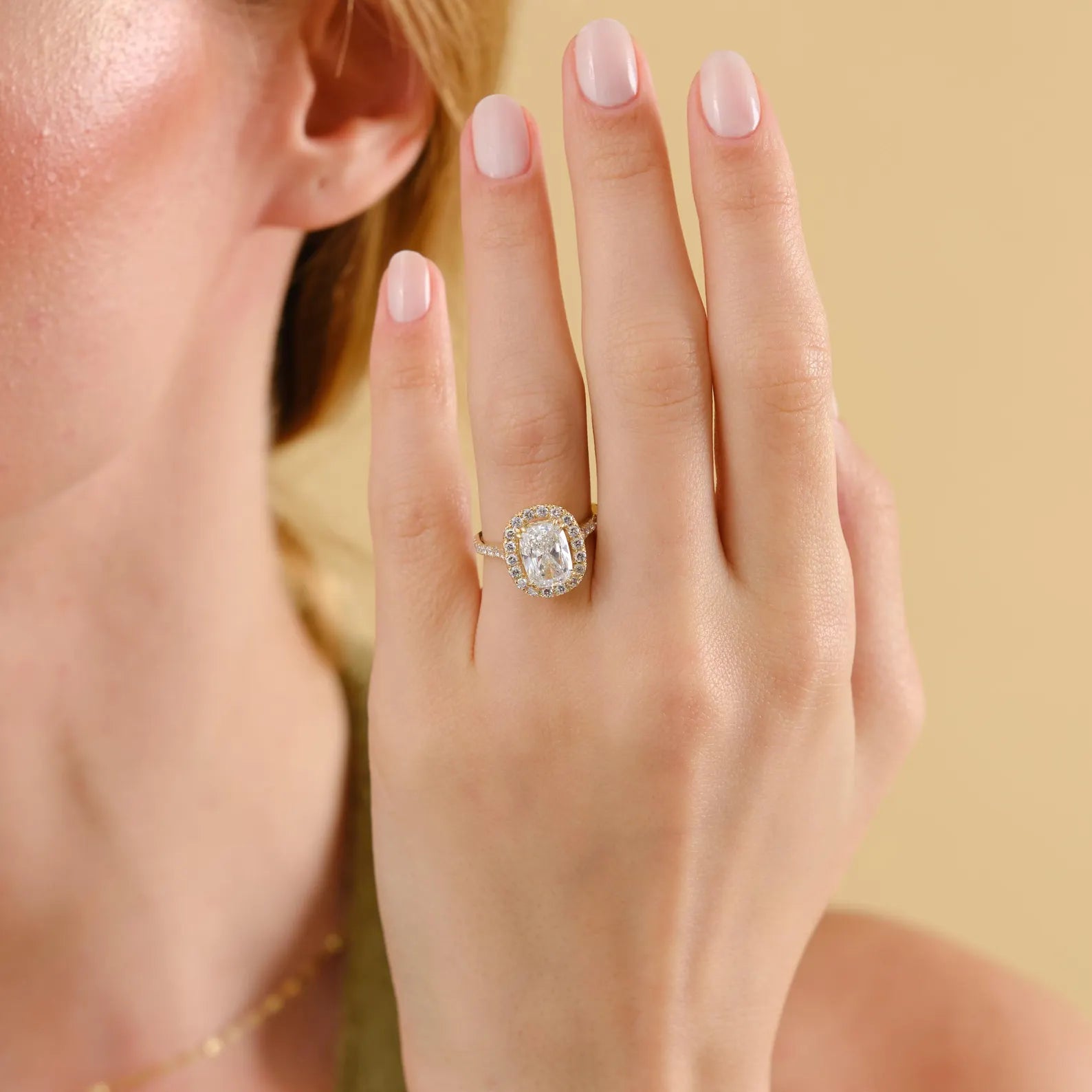 Cushion Cut Lab Grown Diamond Halo Engagement Ring, Cushion Halo Hidden Halo Pave Engagement Ring, Diamond Bridal Ring