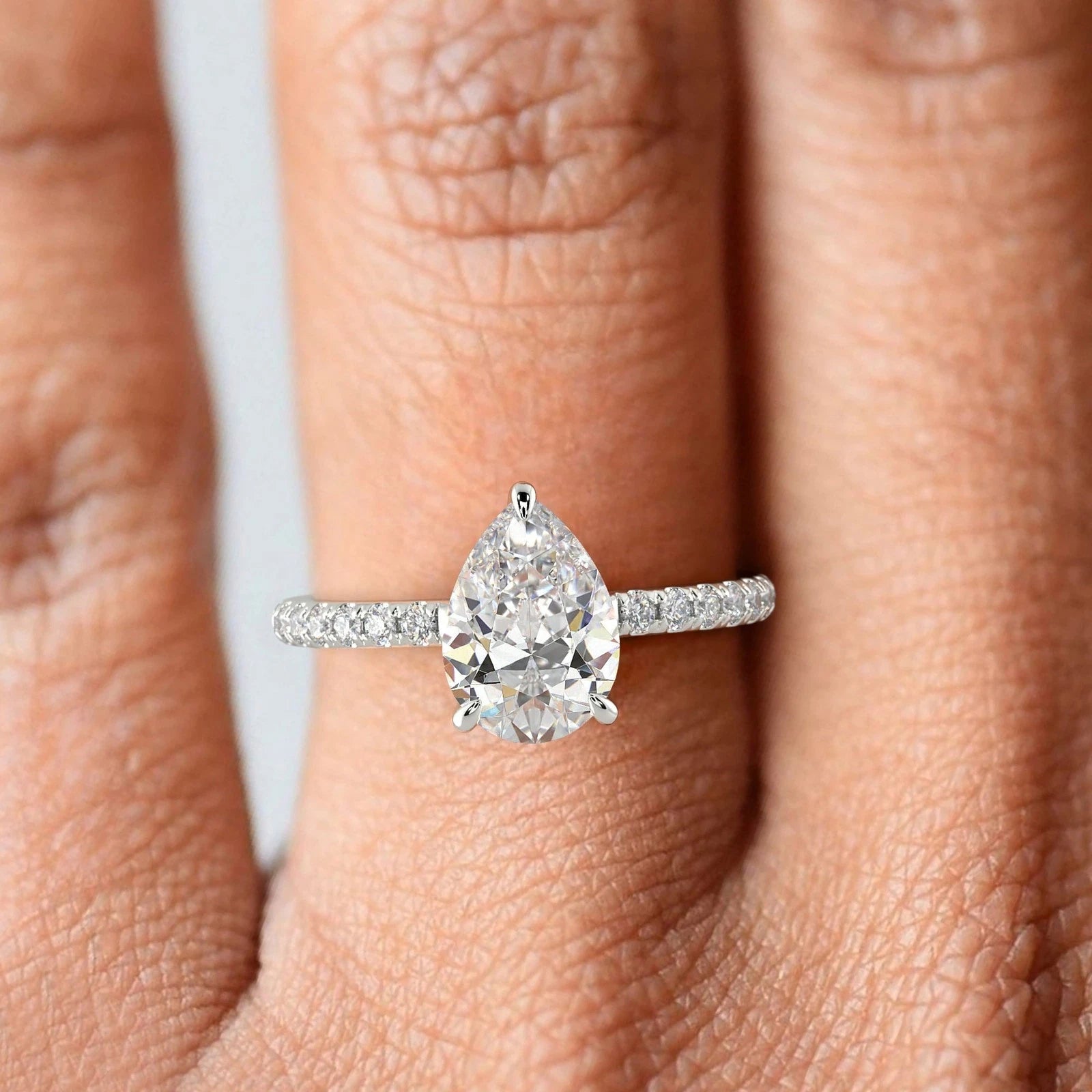 Pear Cut Lab Grown Diamond Engagement Ring, Hidden Halo Teardrop Diamond Ring, Pave Band Wedding Ring, White Gold Promise Ring