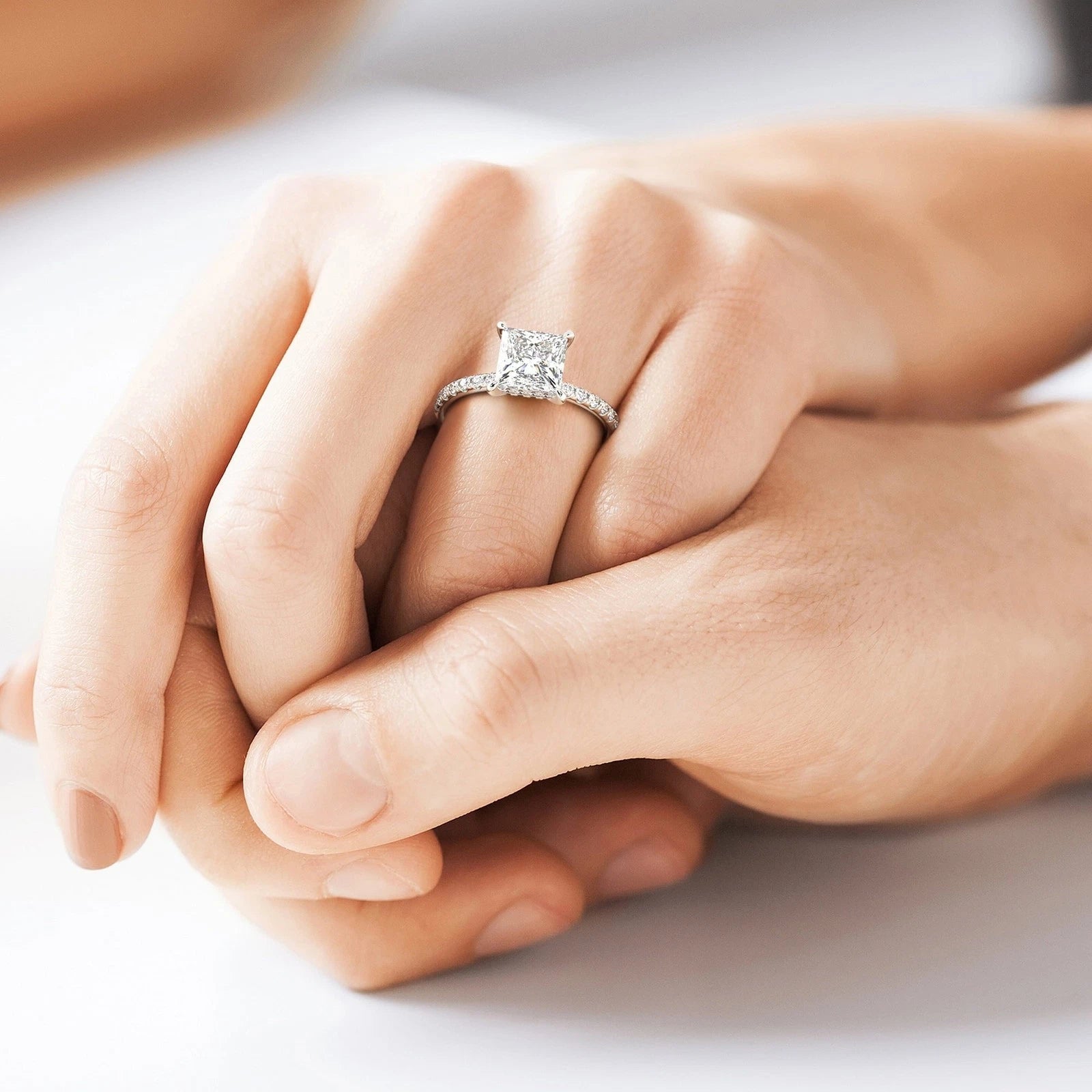 Princess Cut Lab Grown Diamond Engagement Ring, Hidden Halo Square Diamond Ring, Pave Band Wedding Ring, White Gold Promise Ring