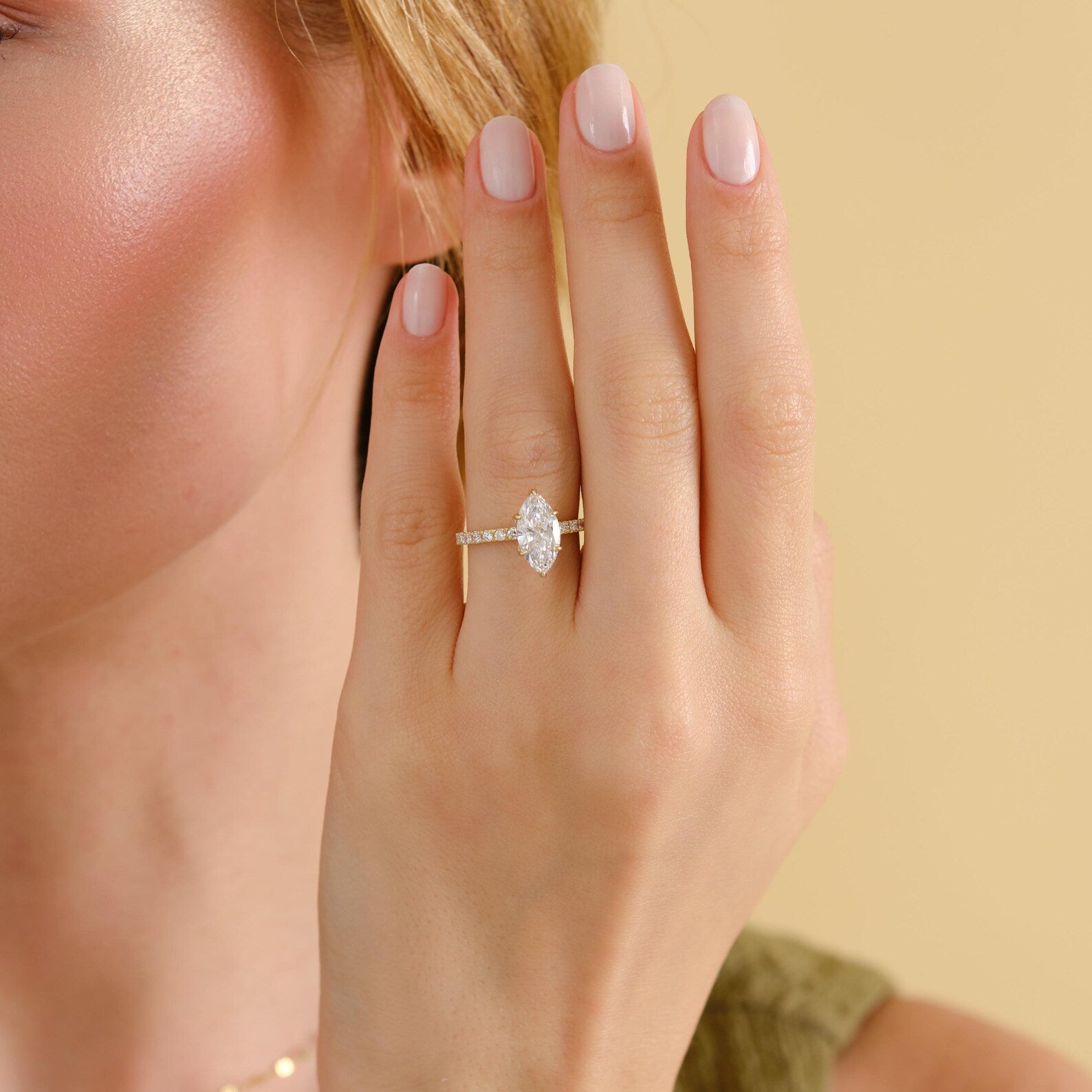 Marquise Cut Lab Grown Diamond Engagement Ring, Yellow Gold Solitaire Ring, Pave Band, Promise Ring, Lab Grown Diamond Ring