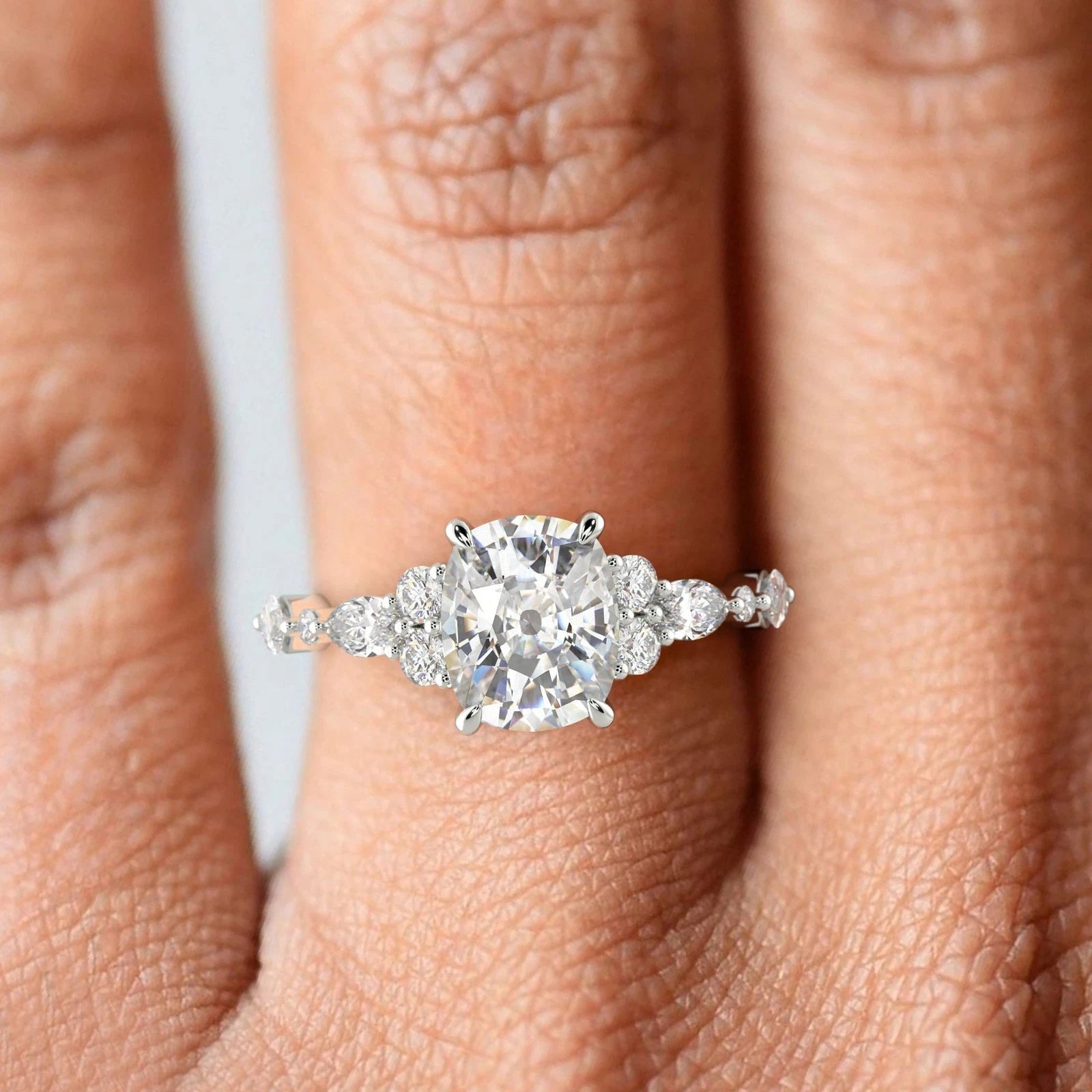 Cushion Cut Lab Grown Diamond Ring, Vintage Cluster Engagement Ring, White Gold Oval Cushion Ring, Unique Multi Stone Wedding Band Her