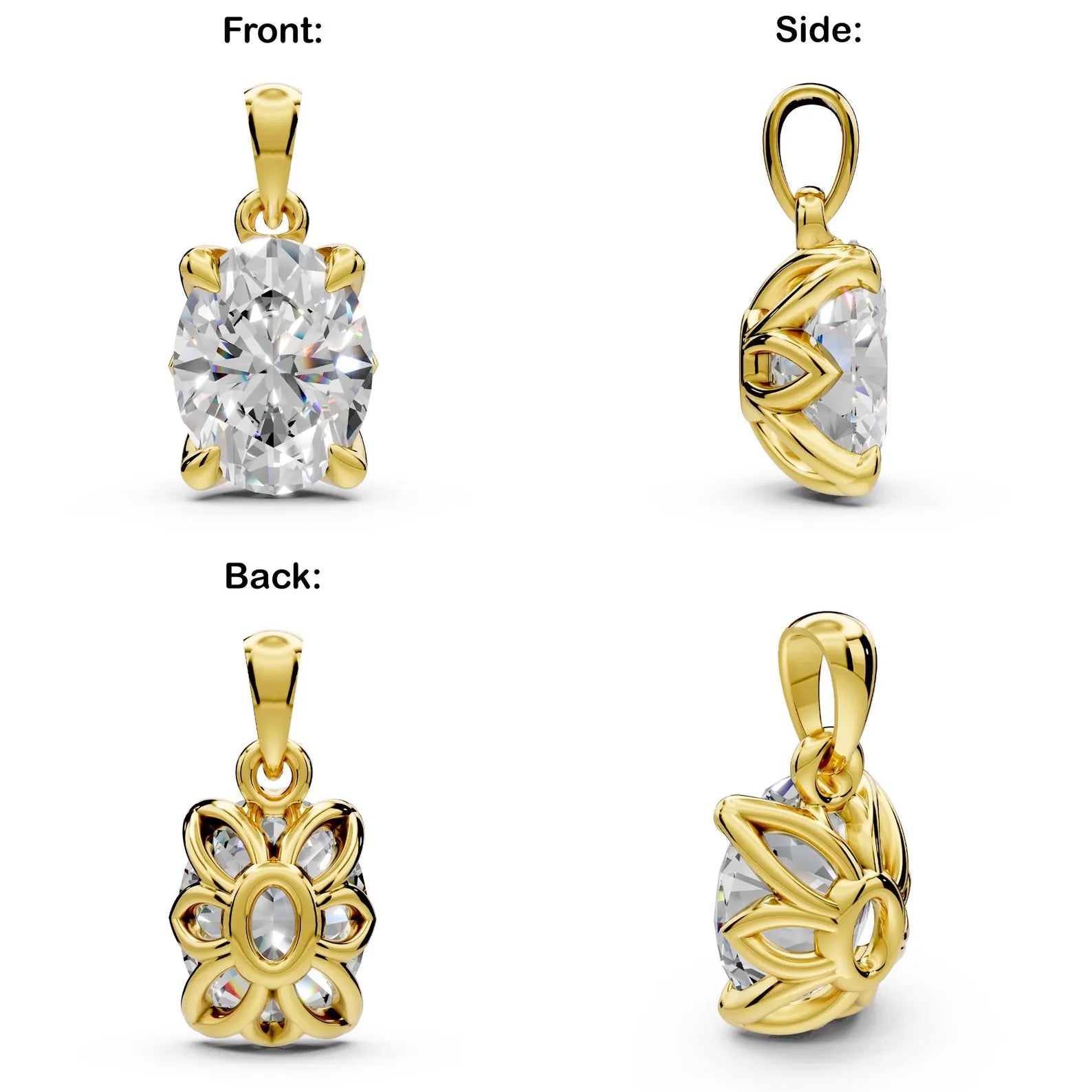 Oval Diamond Solitaire Pendant Nature Inspired Necklace Pendant in Solid Gold