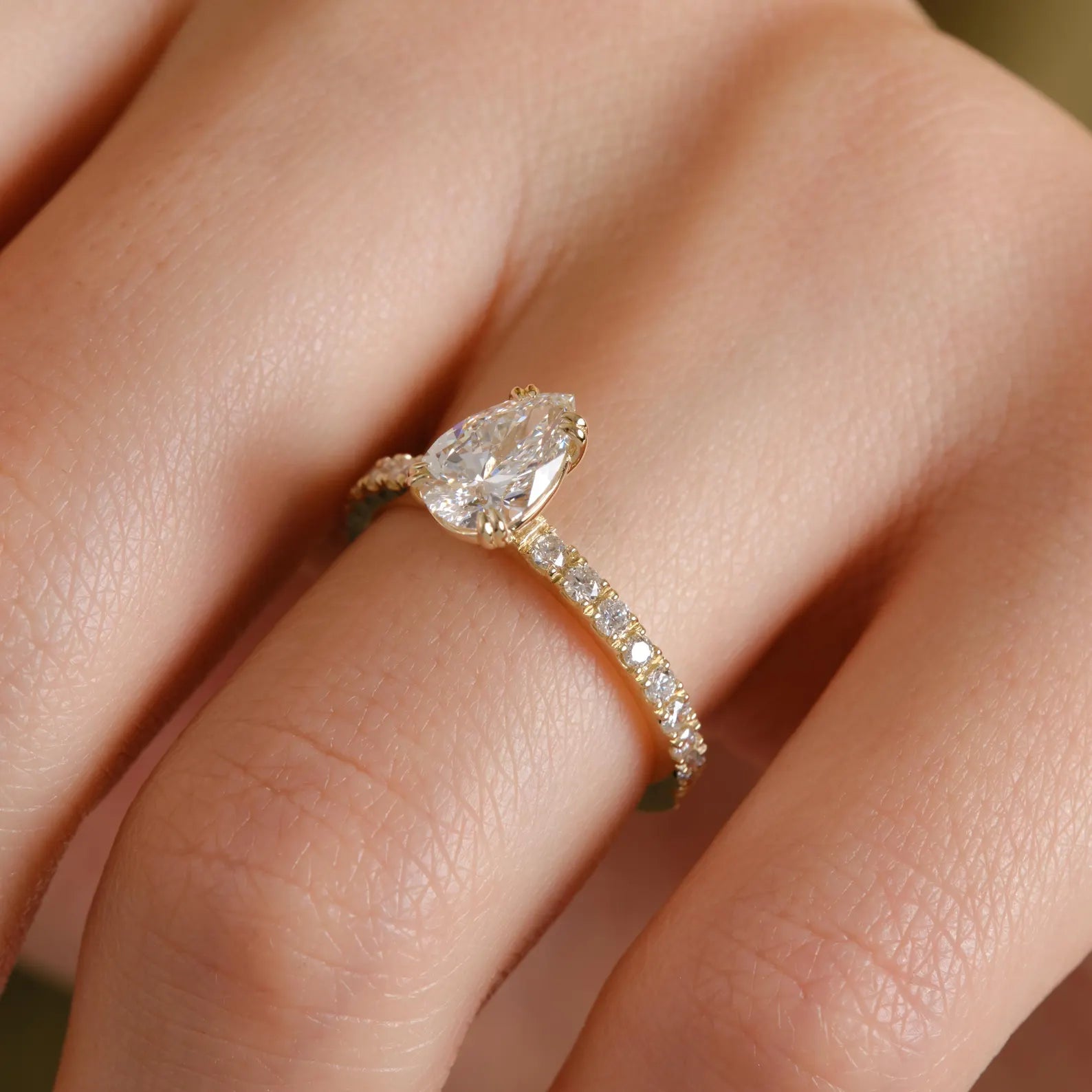 Pear Cut Lab Grown Diamond Engagement Ring, Yellow Gold Solitaire Ring with Pave Band, IGI Certified Bridal Ring, Teardrop Engagement Ring
