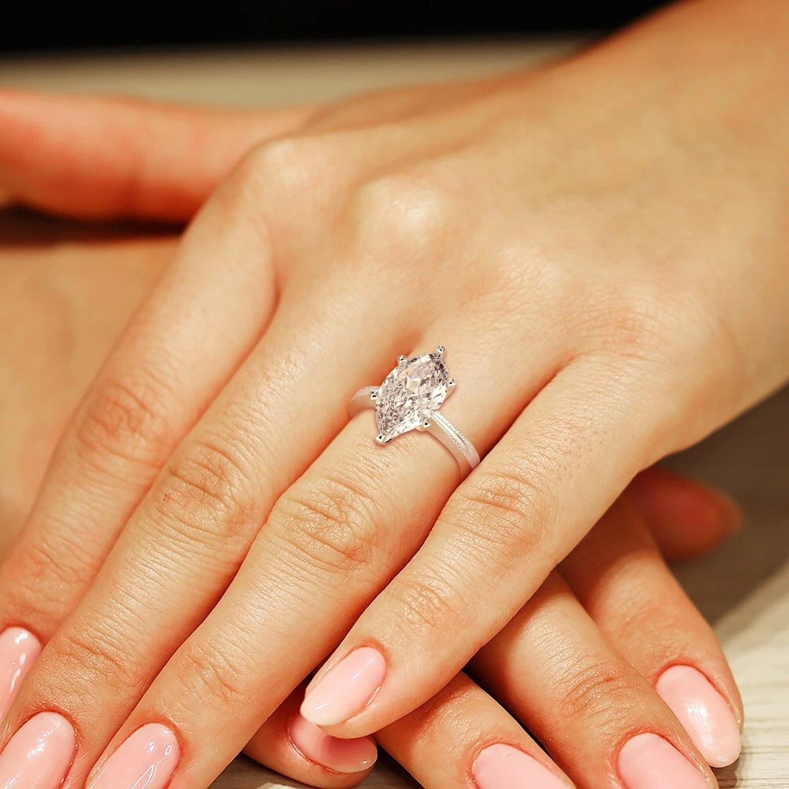 Marquise Lab Grown Diamond Engagement Ring, 6 Prong Milgrain Vintage Solitaire Ring, White Gold Anniversary Ring for Women, Promise Gift