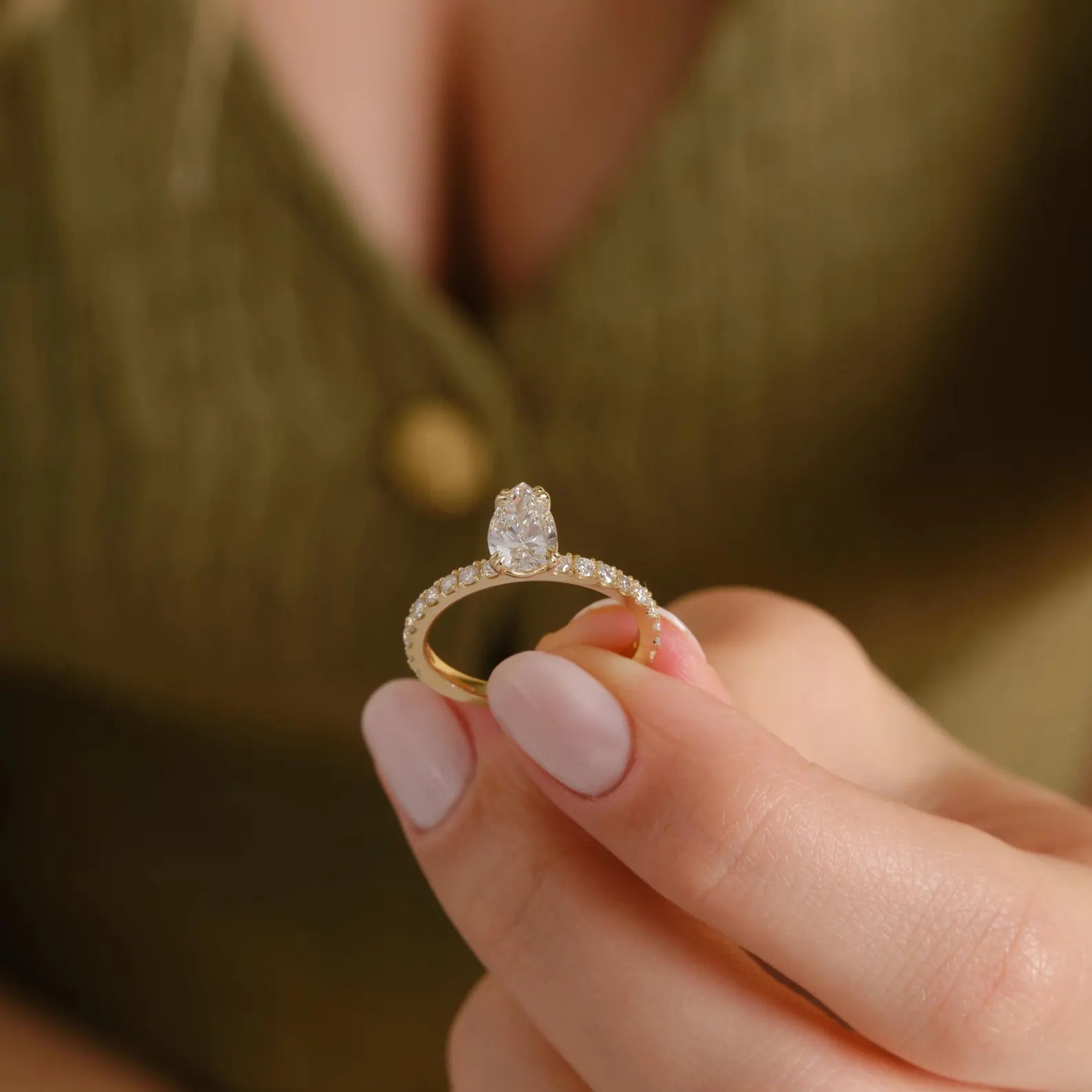 Pear Cut Lab Grown Diamond Engagement Ring, Yellow Gold Solitaire Ring with Pave Band, IGI Certified Bridal Ring, Teardrop Engagement Ring