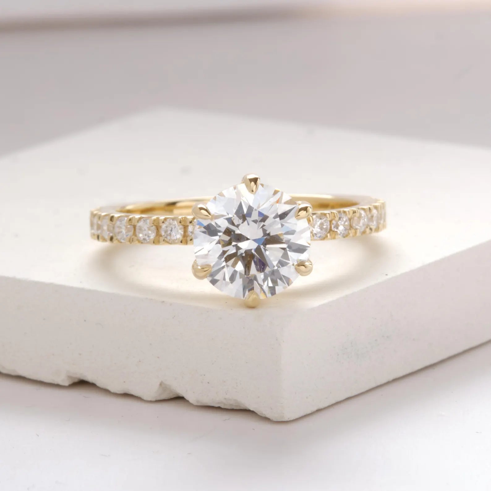 Round Cut Lab Grown Diamond Engagement Ring with Pave Band, Yellow Gold Solitaire Ring, IGI Certified Proposal Ring, Round Solitaire Ring
