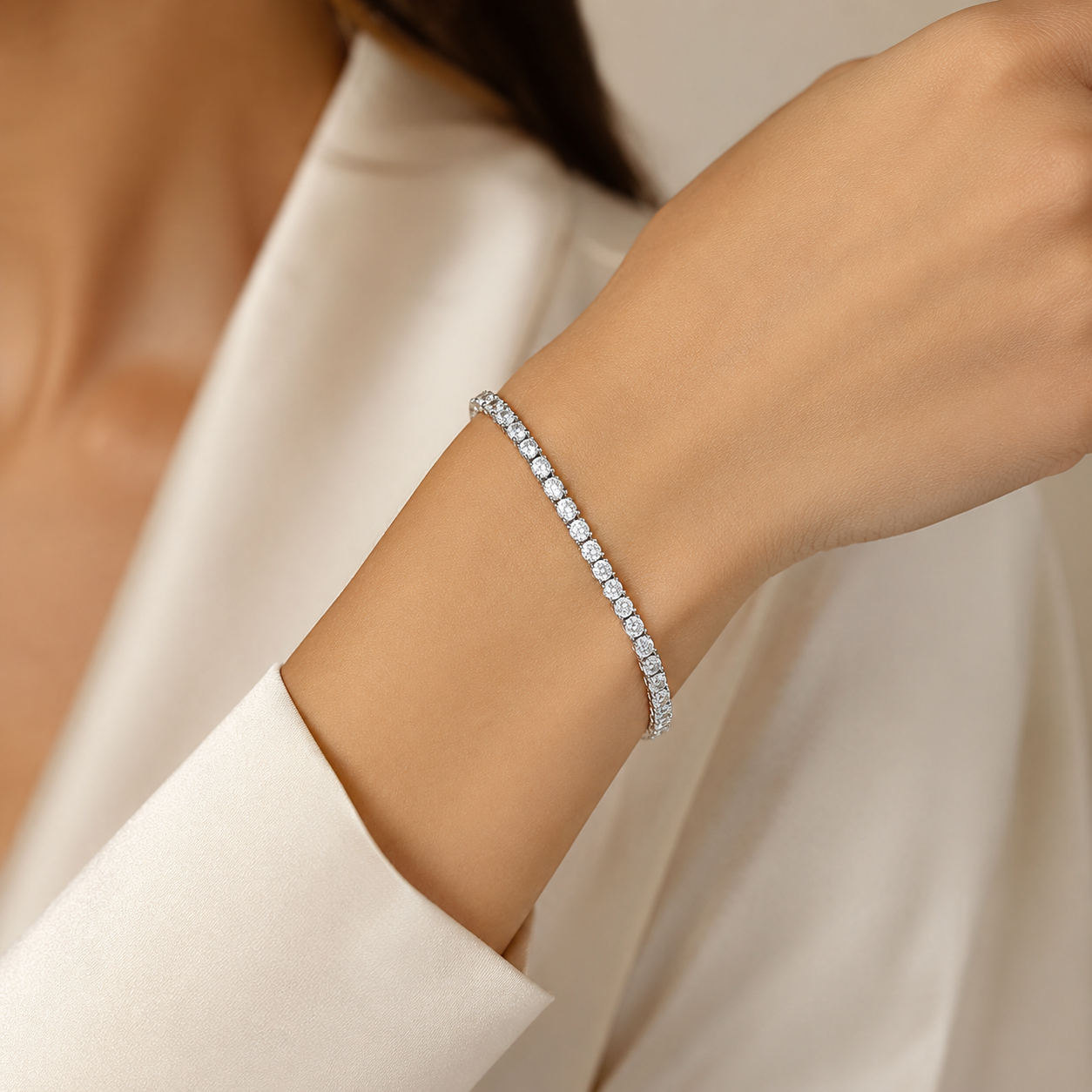 Round Brilliant Lab Grown Diamond Tennis Bracelet, White Gold 4 Prong Diamond Bracelet, Classic Tennis Jewelry Gift for Her