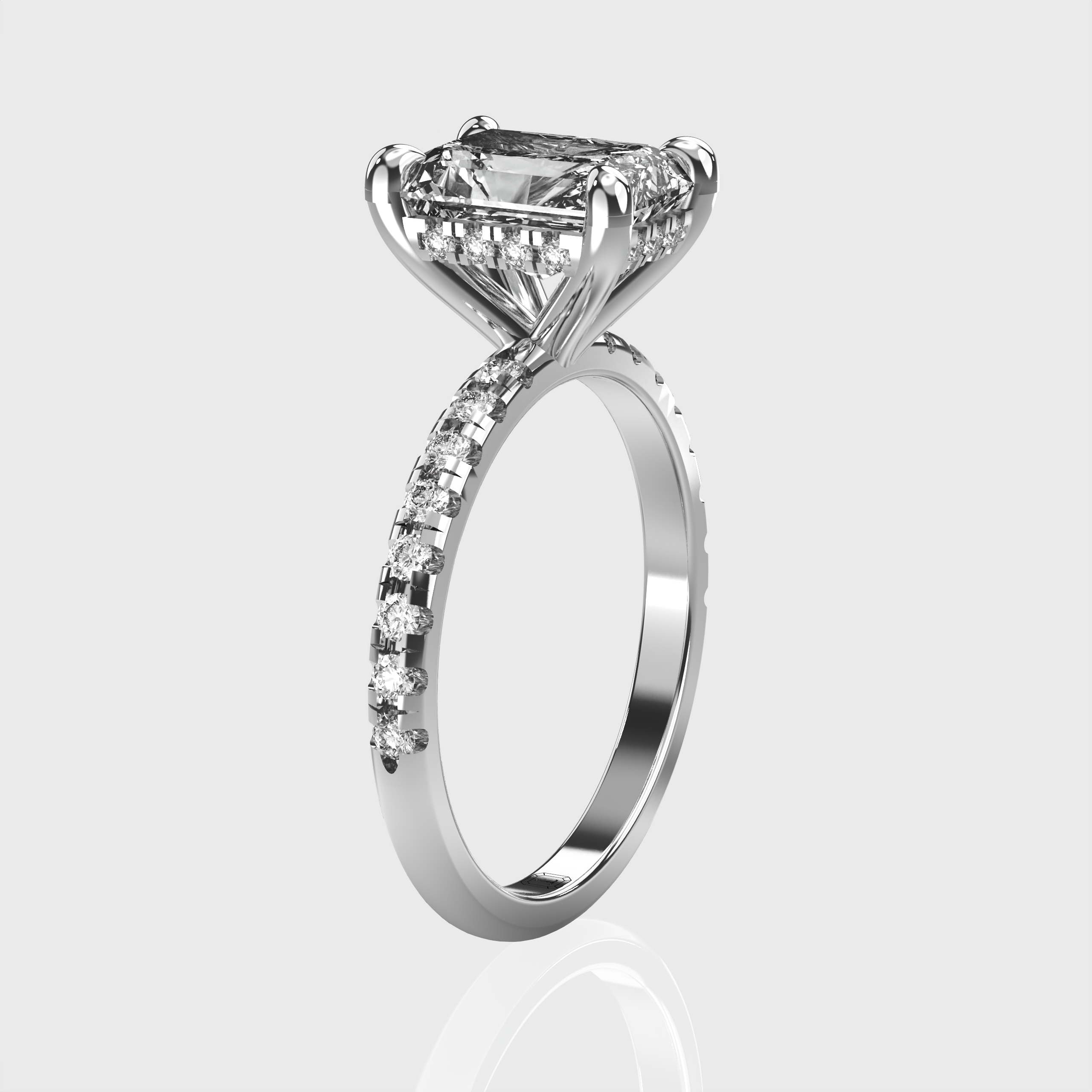 Radiant Cut Diamond Engagement Ring Pave Band with Hidden Halo