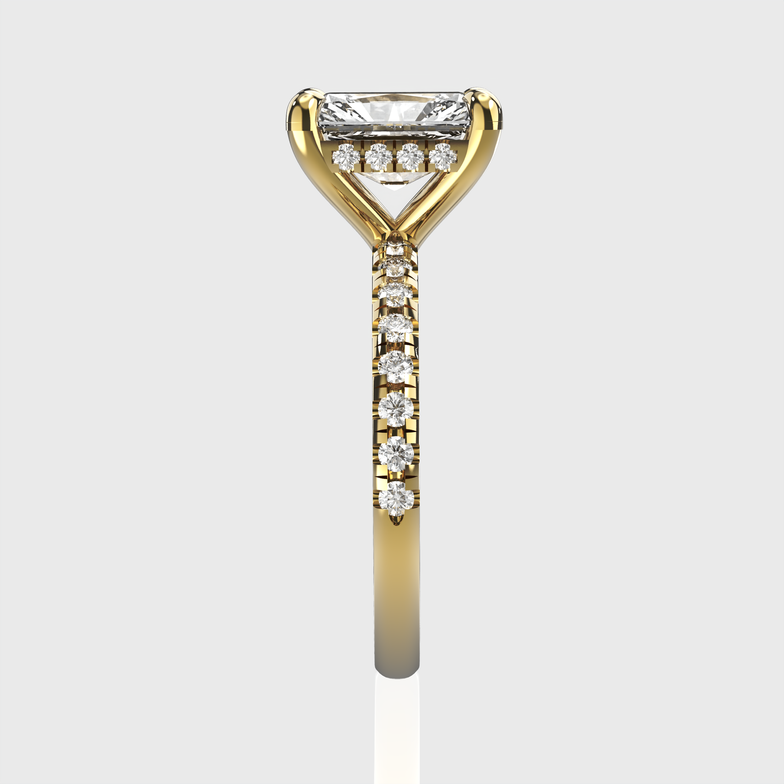 Yellow Gold Radiant Cut Diamond Engagement Ring Pave Band with Hidden Halo