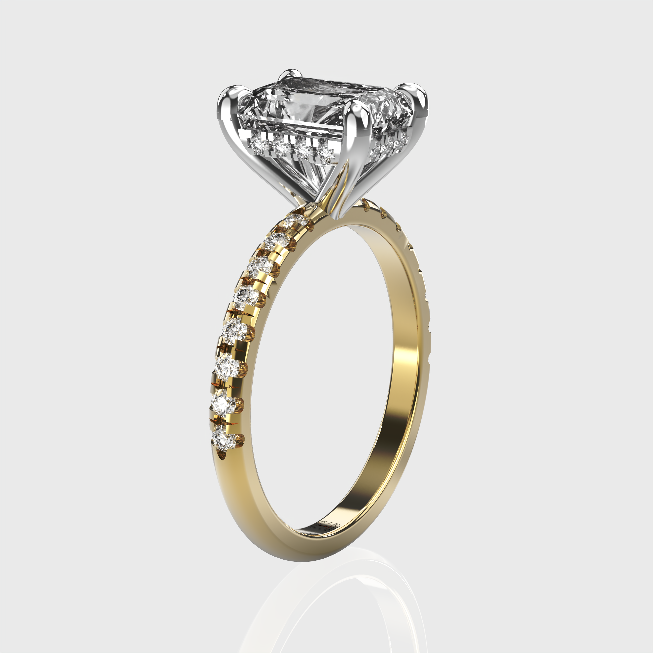 Radiant Cut Diamond Engagement Ring Pave Band with Hidden Halo