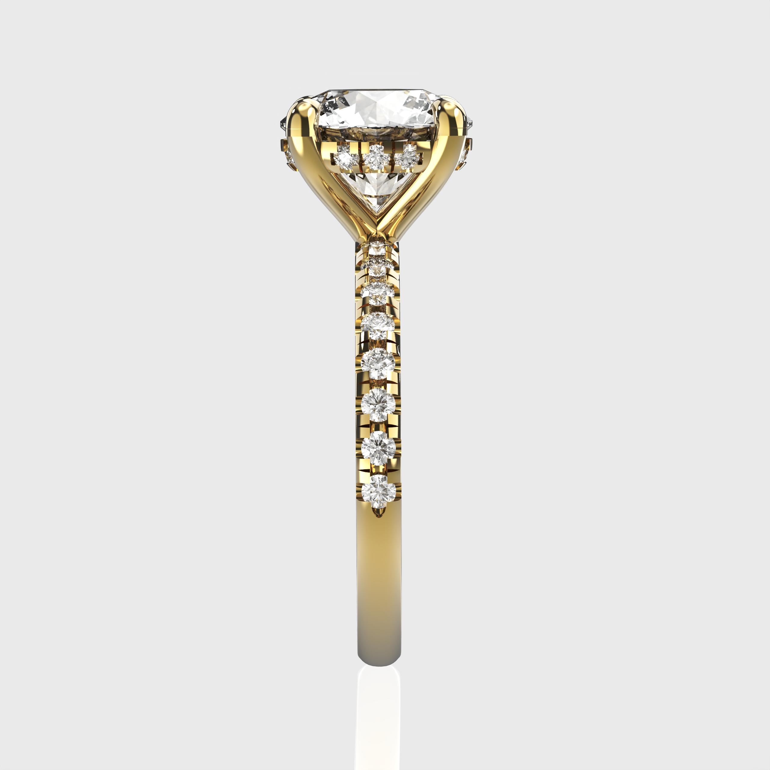 Round Lab Grown Diamond Engagement Ring Pavé Band with Hidden Halo Setting