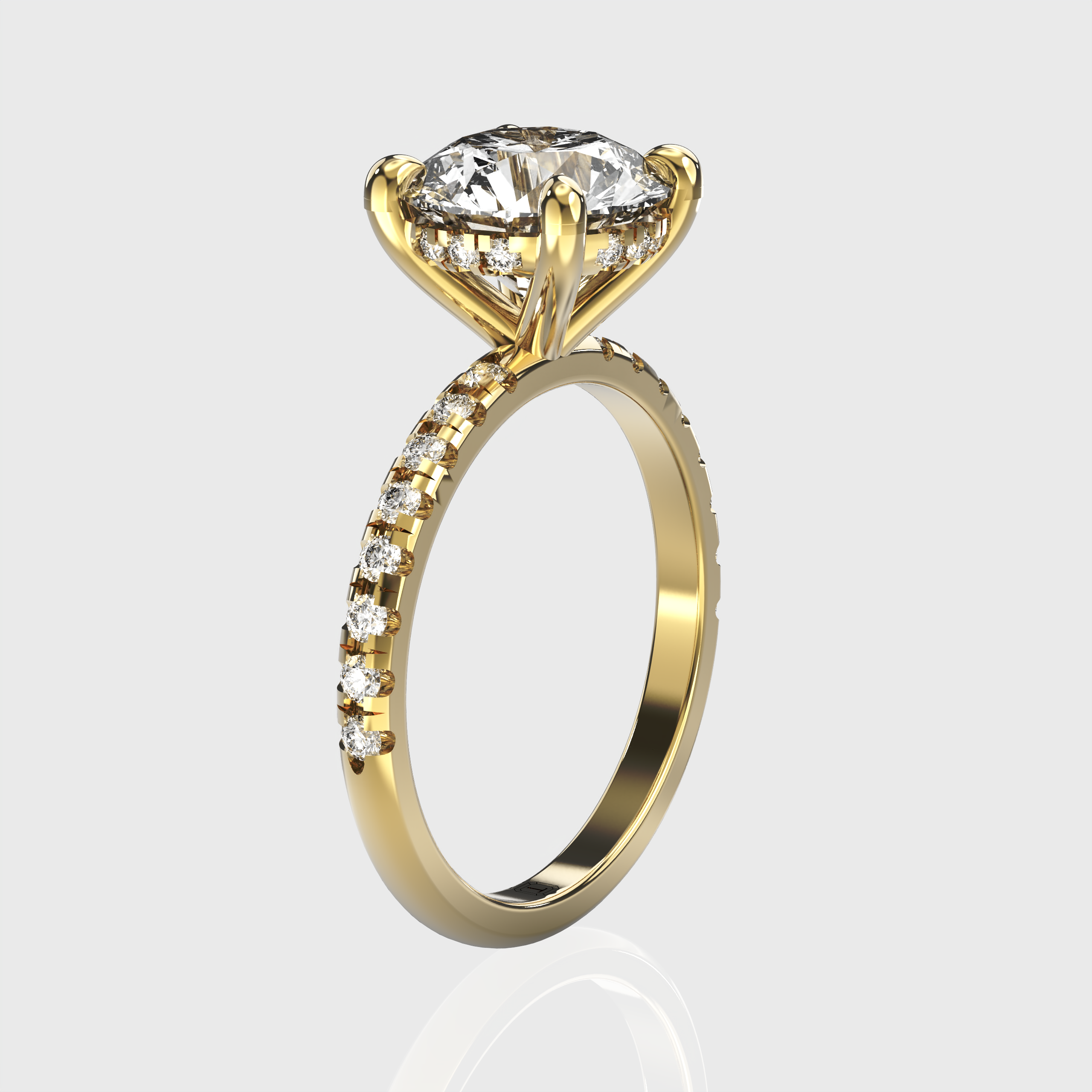 Round Lab Grown Diamond Engagement Ring Pavé Band with Hidden Halo Setting