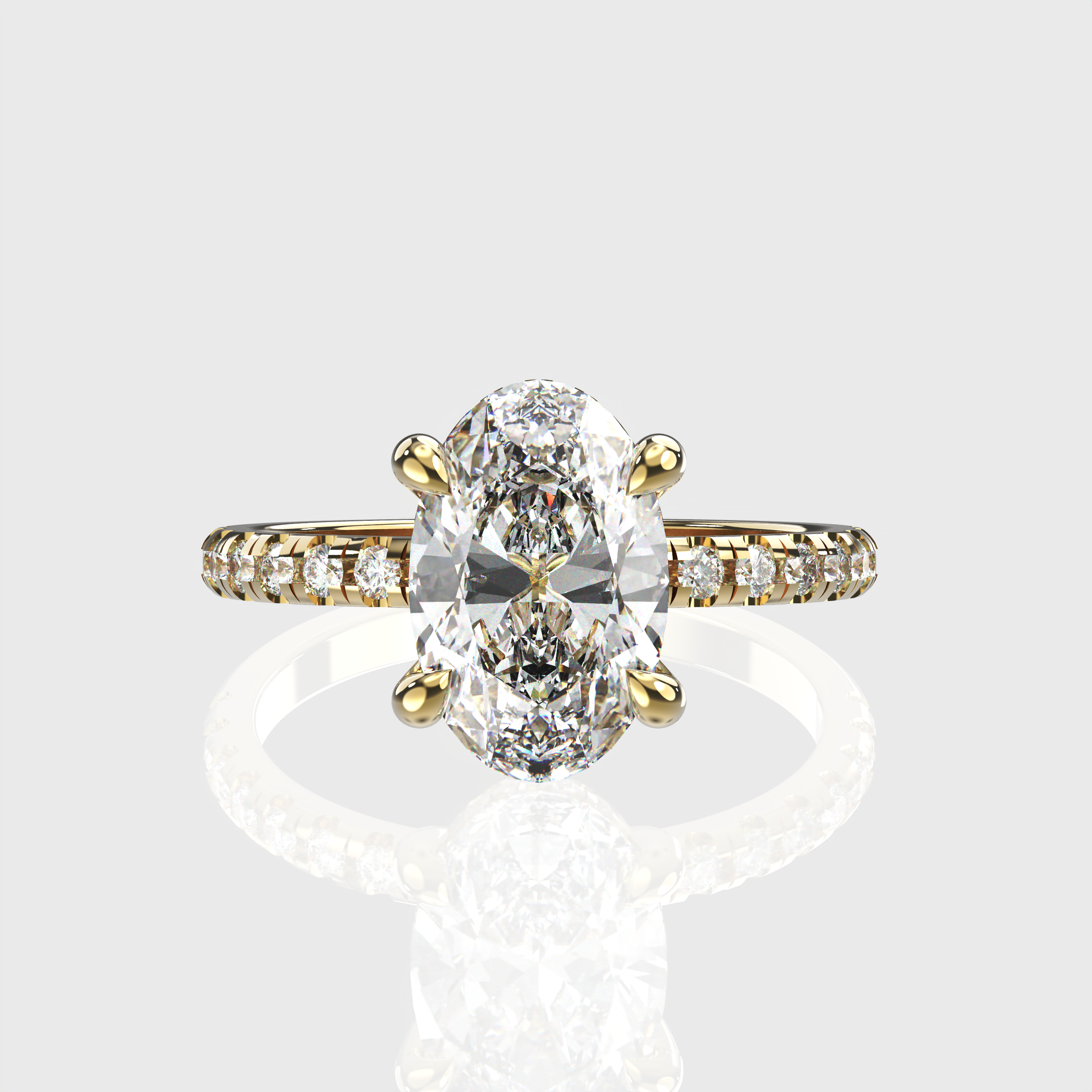 Yellow Gold Oval Diamond Engagement Ring Pave Band with Hidden Halo