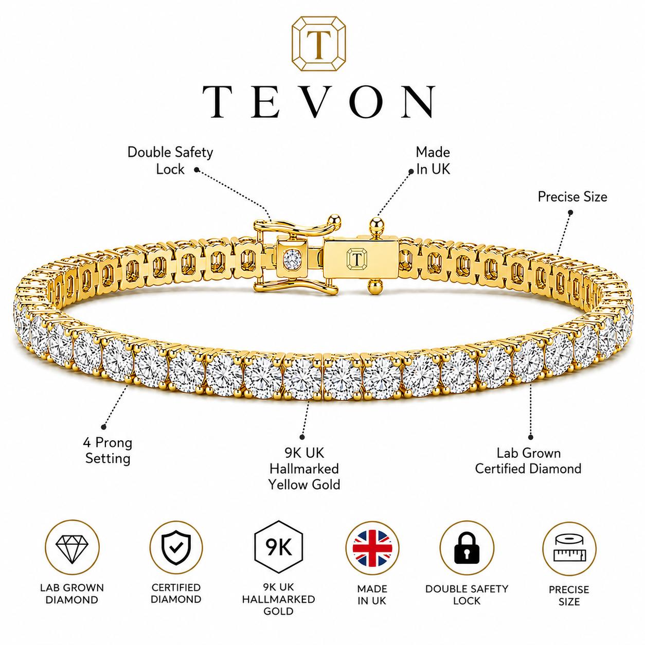 Round Brilliant Lab Grown Diamond Tennis Bracelet, Yellow Gold 4 Prong Diamond Bracelet, Classic Tennis Jewelry Gift for Her