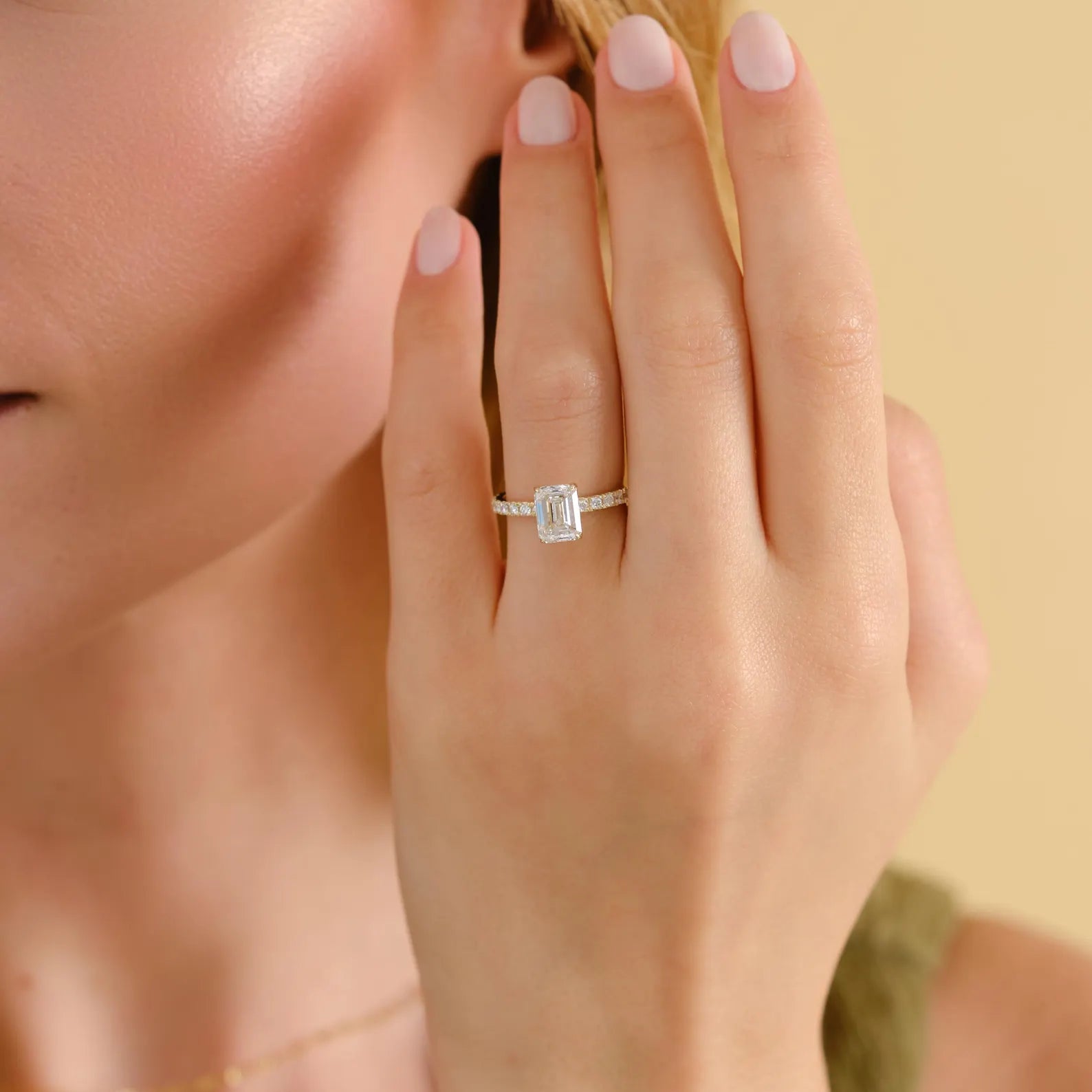 Emerald Cut Lab Grown Diamond Engagement Ring, Emerald Solitaire Ring, Pave Diamond Engagement Ring, Bridal Proposal Ring