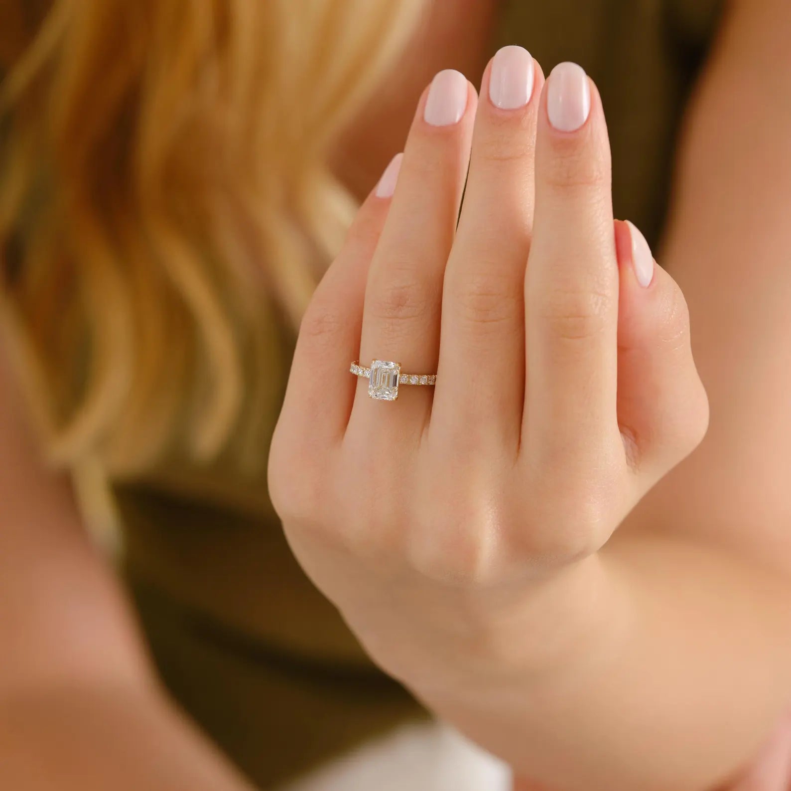 Emerald Cut Lab Grown Diamond Engagement Ring, Emerald Solitaire Ring, Pave Diamond Engagement Ring, Bridal Proposal Ring