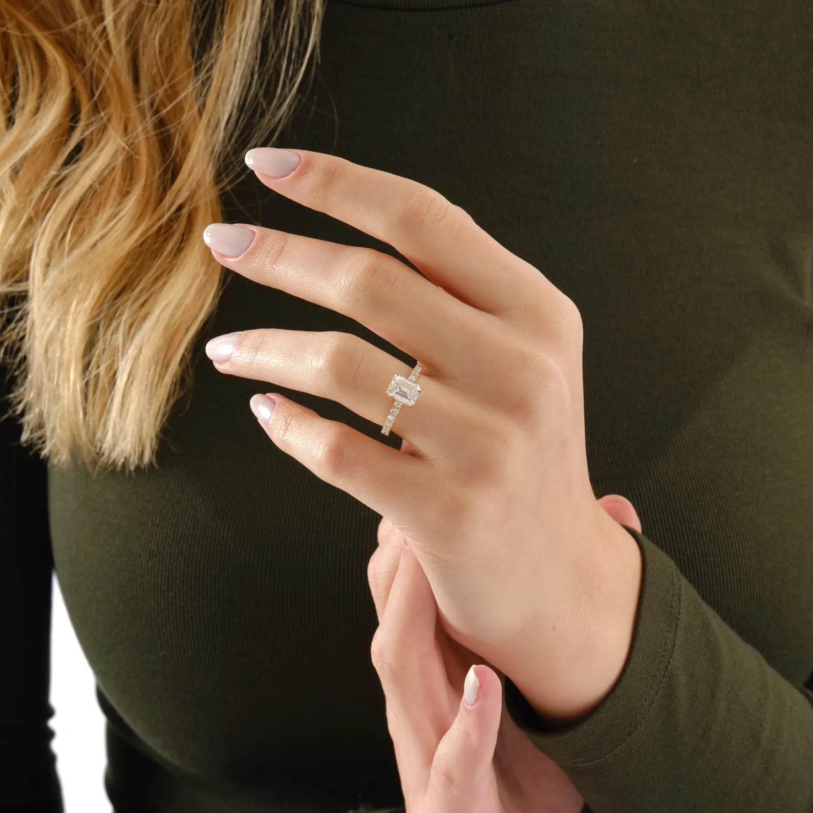 Emerald Cut Lab Grown Diamond Engagement Ring, Emerald Solitaire Ring, Pave Diamond Engagement Ring, Bridal Proposal Ring