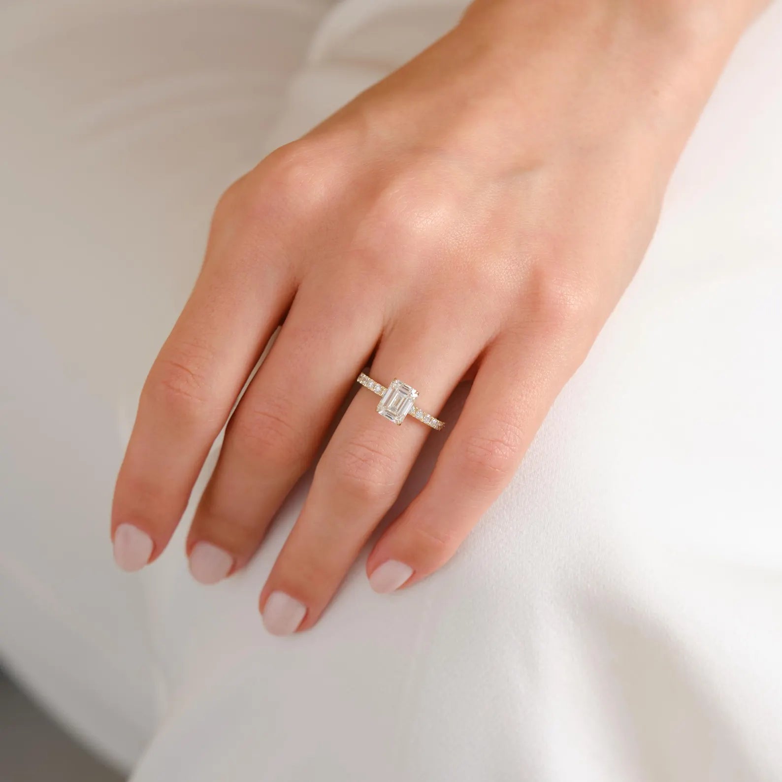 Emerald Cut Lab Grown Diamond Engagement Ring, Emerald Solitaire Ring, Pave Diamond Engagement Ring, Bridal Proposal Ring