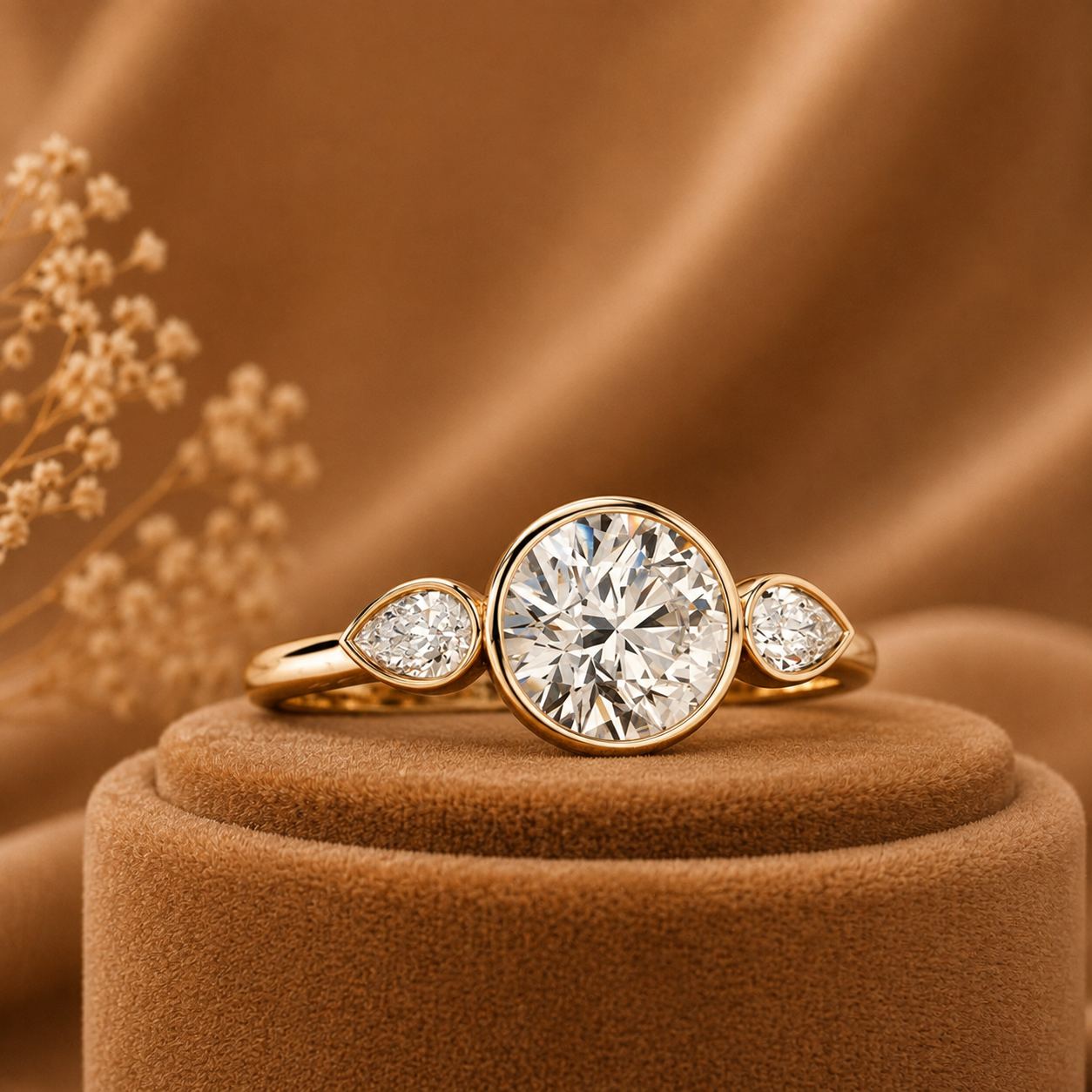 Round Brilliant Diamond Ring, Pear Side Stone Engagement Ring, 3 Stone Gold Ring, Bezel Set Wedding Ring, Minimalist Anniversary Ring
