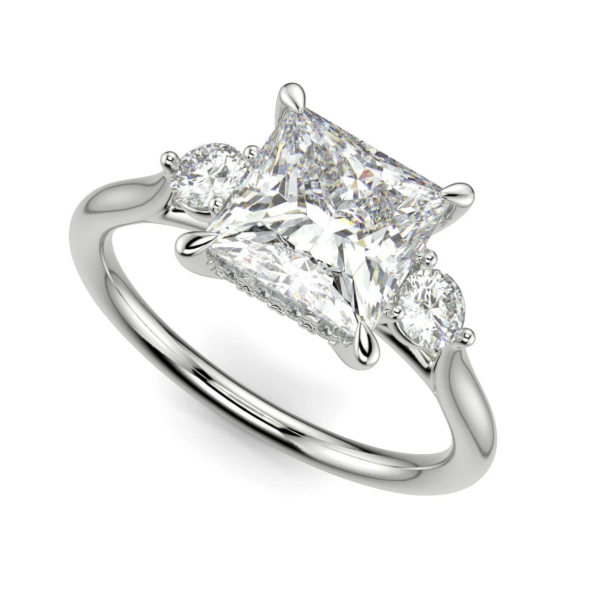 Princess Cut Lab Grown Diamond Engagement Ring, 3 Stone Hidden Halo Square Diamond Ring, Round Side Stone Wedding Ring, White Gold Gift