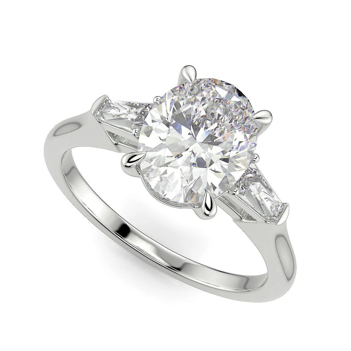 Oval Lab Grown Diamond Engagement Ring, 3 Stone Oval Cut Ring with Tapered Baguette Side Stones, White Gold Diamond Ring, Anniversary Gift