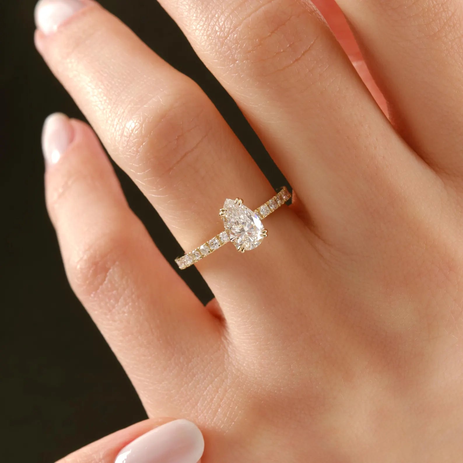 Pear Cut Lab Grown Diamond Engagement Ring, Yellow Gold Solitaire Ring with Pave Band, IGI Certified Bridal Ring, Teardrop Engagement Ring