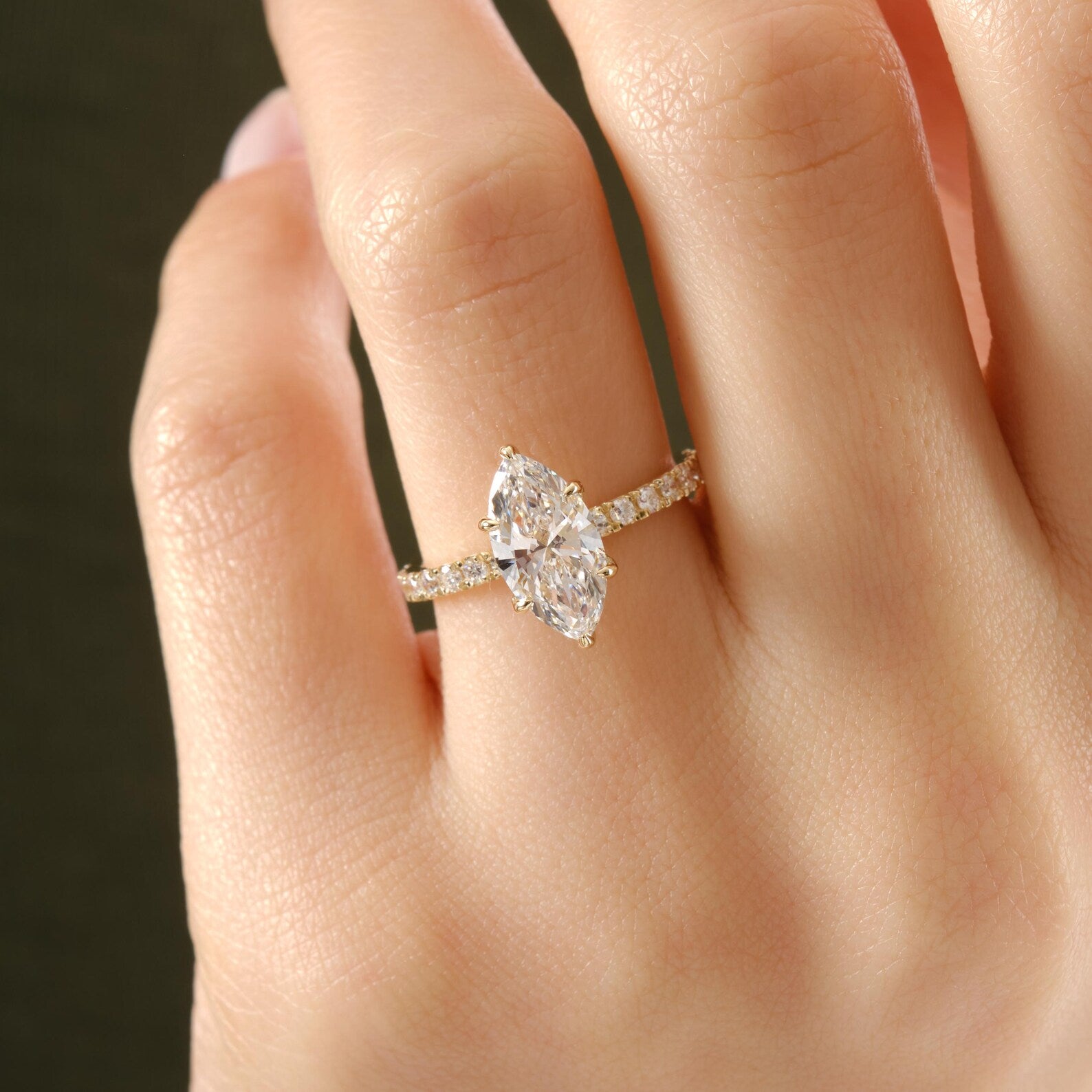 Marquise Cut Lab Grown Diamond Engagement Ring, Yellow Gold Solitaire Ring, Pave Band, Promise Ring, Lab Grown Diamond Ring