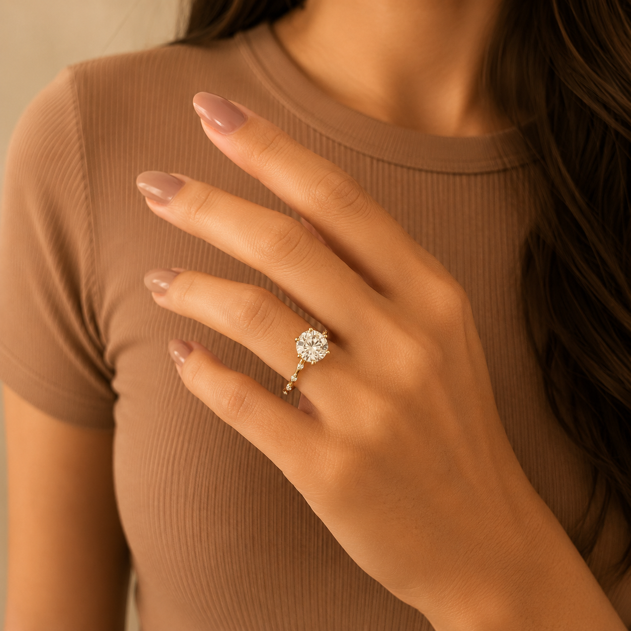 Round Brilliant Diamond Engagement Ring, Pavé Solitaire Ring, Four Prong Proposal Ring, Dainty Bridal Ring, Classic Wedding Jewelry