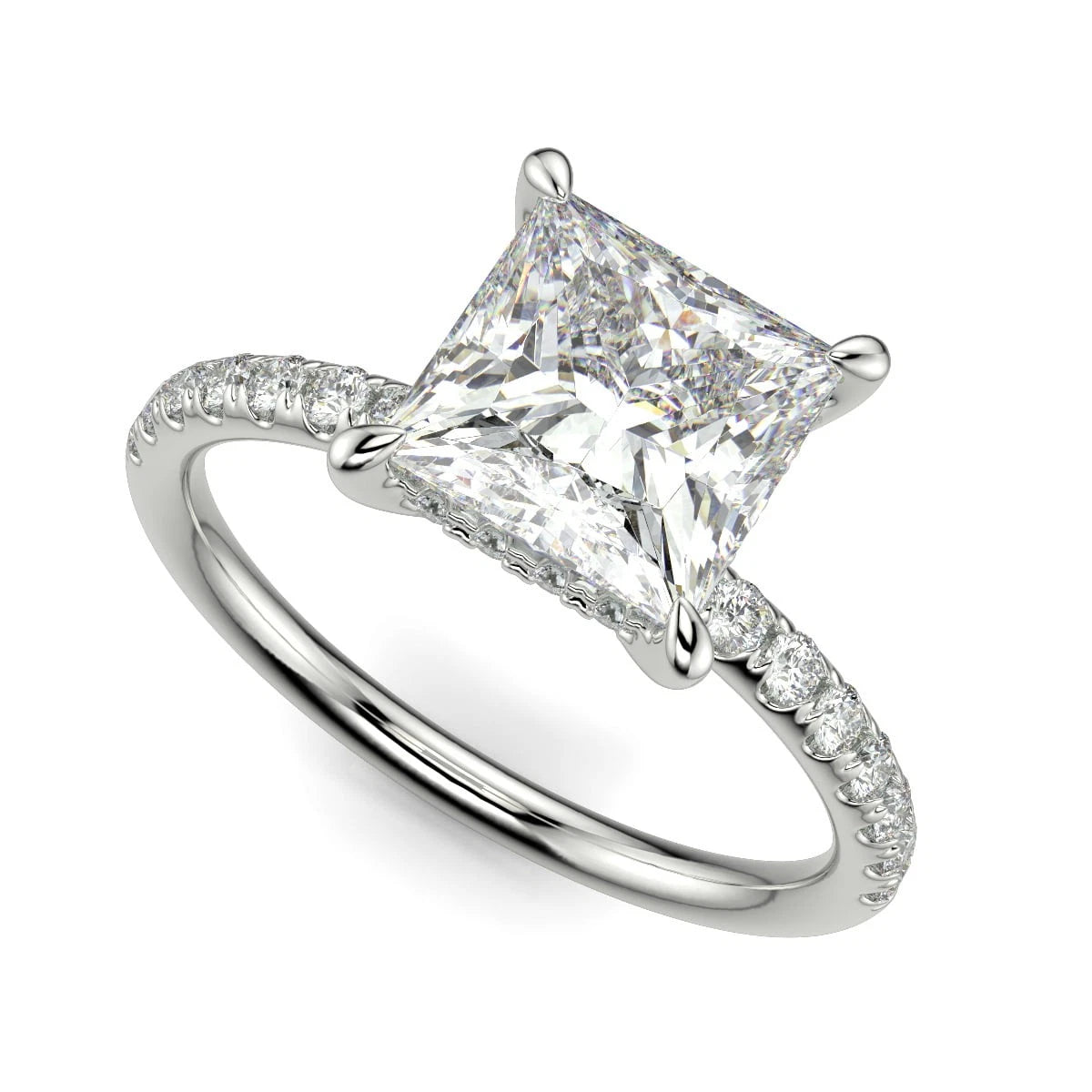 Princess Cut Lab Grown Diamond Engagement Ring, Hidden Halo Square Diamond Ring, Pave Band Wedding Ring, White Gold Promise Ring