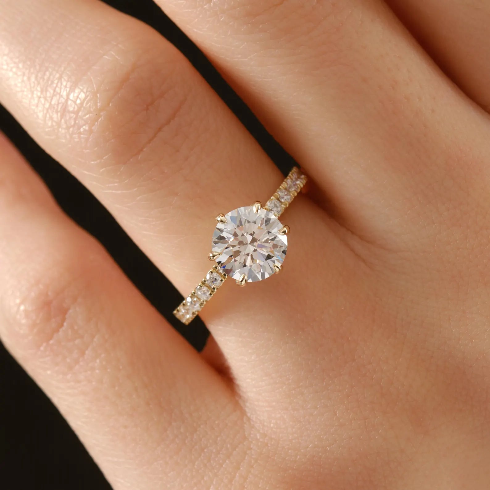 Round Cut Lab Grown Diamond Engagement Ring with Pave Band, Yellow Gold Solitaire Ring, IGI Certified Proposal Ring, Round Solitaire Ring