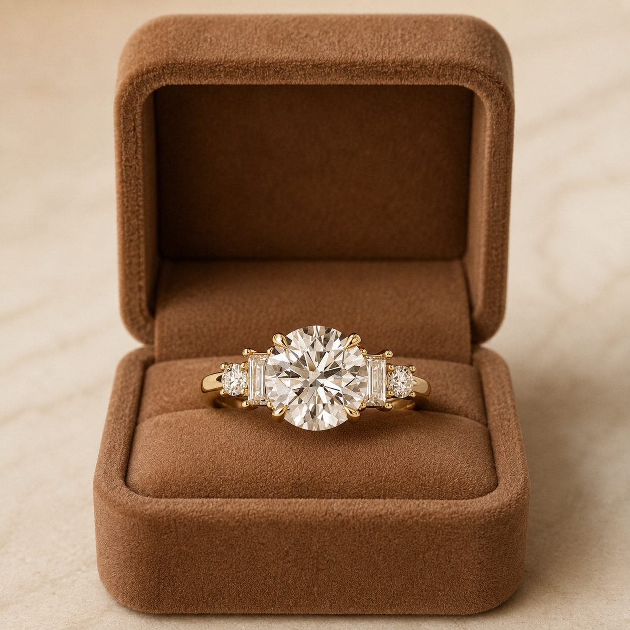 Round Lab Grown Diamond Engagement Ring, Baguette Side Stones, Gold Ring, Three Stone Bridal Ring, Anniversary Gift for Her