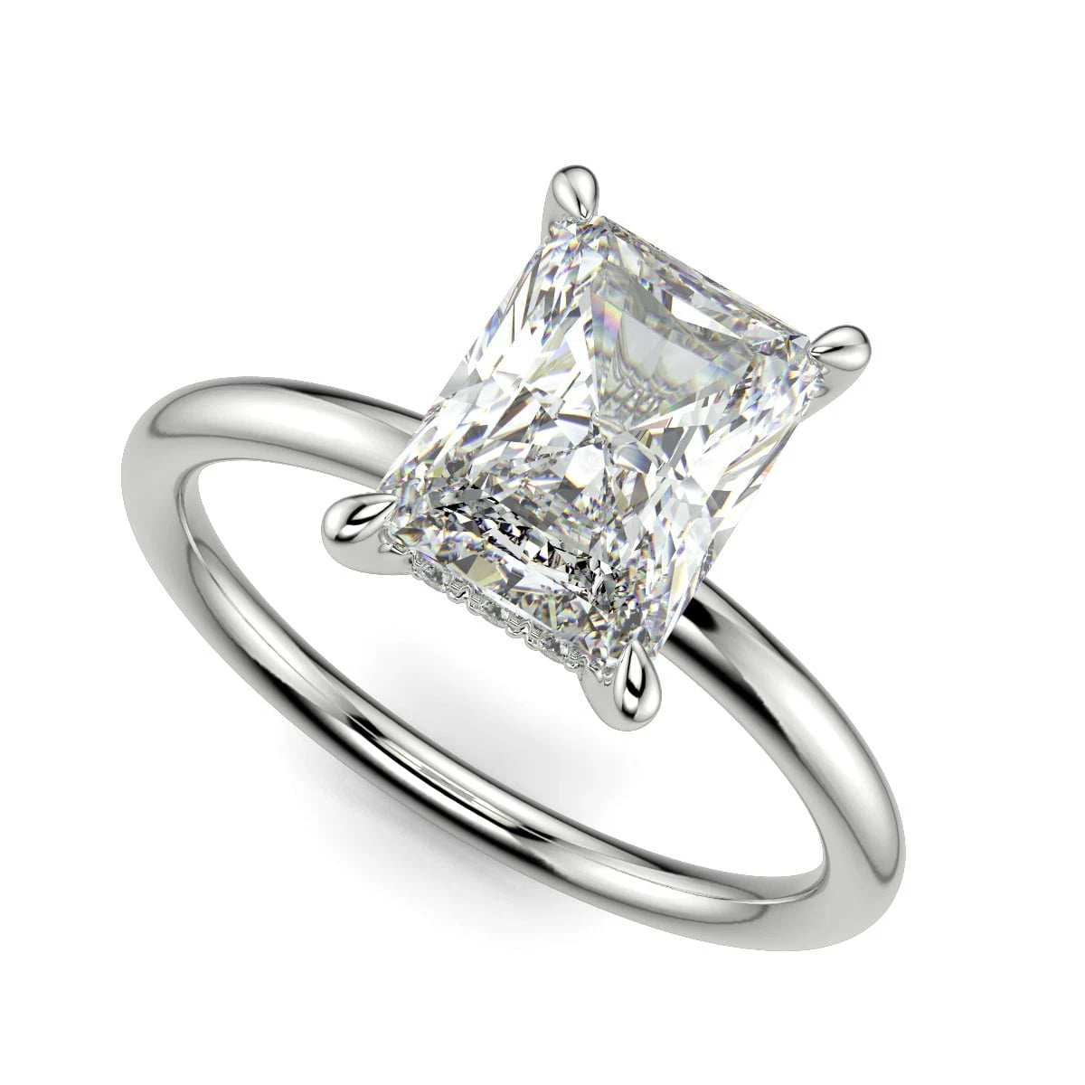 Radiant Cut Lab Grown Diamond Engagement Ring, Classic 4 Prong Solitaire Ring, White Gold Promise Ring, Hidden Halo Wedding Ring Her