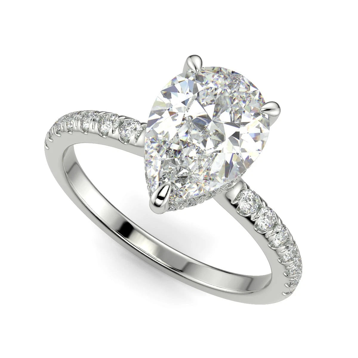 Pear Cut Lab Grown Diamond Engagement Ring, Hidden Halo Teardrop Diamond Ring, Pave Band Wedding Ring, White Gold Promise Ring