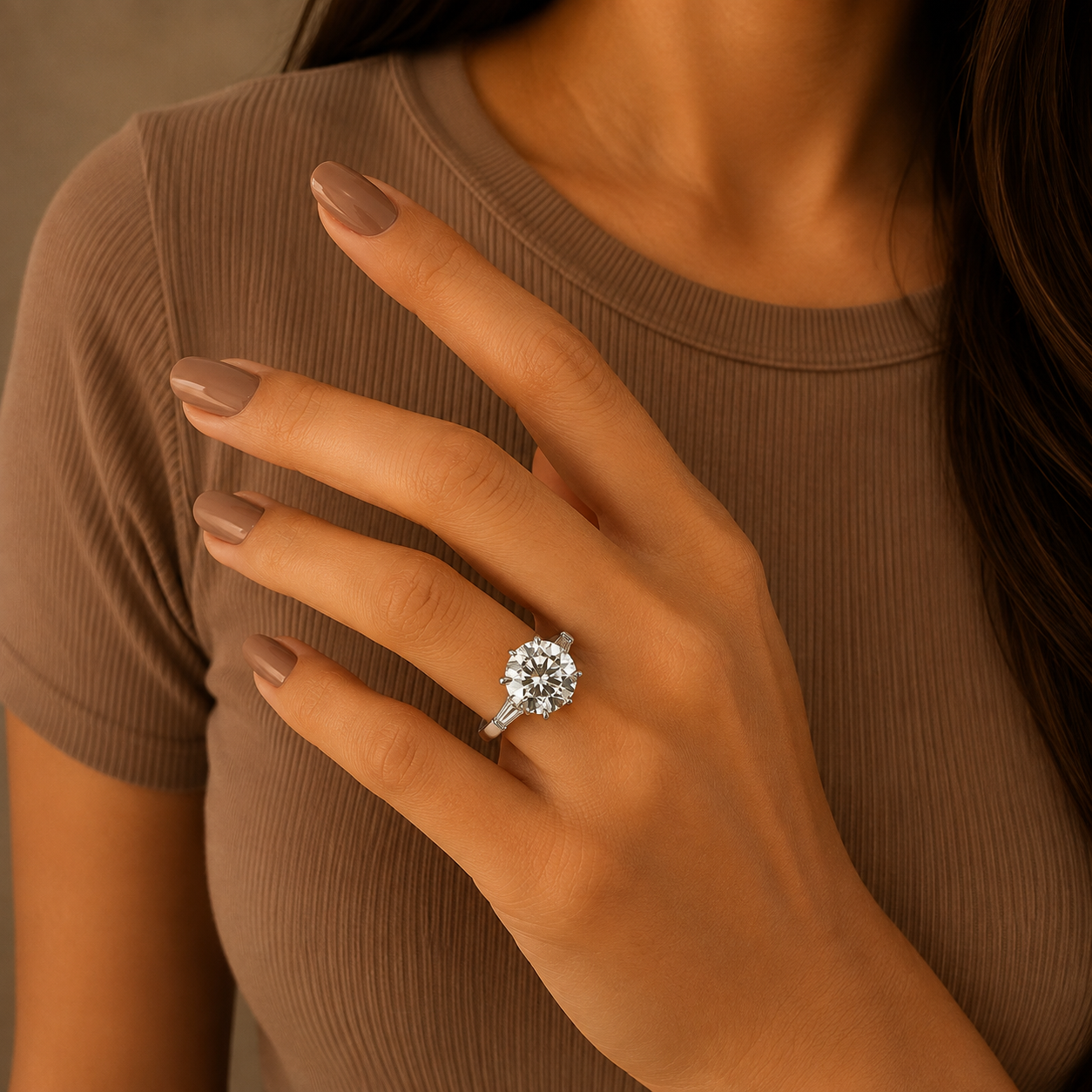 Round Brilliant Diamond Three Stone Engagement Ring, Tapered Side Diamond Ring, Lab Grown Diamond Ring, Proposal Ring, Bridal Ring