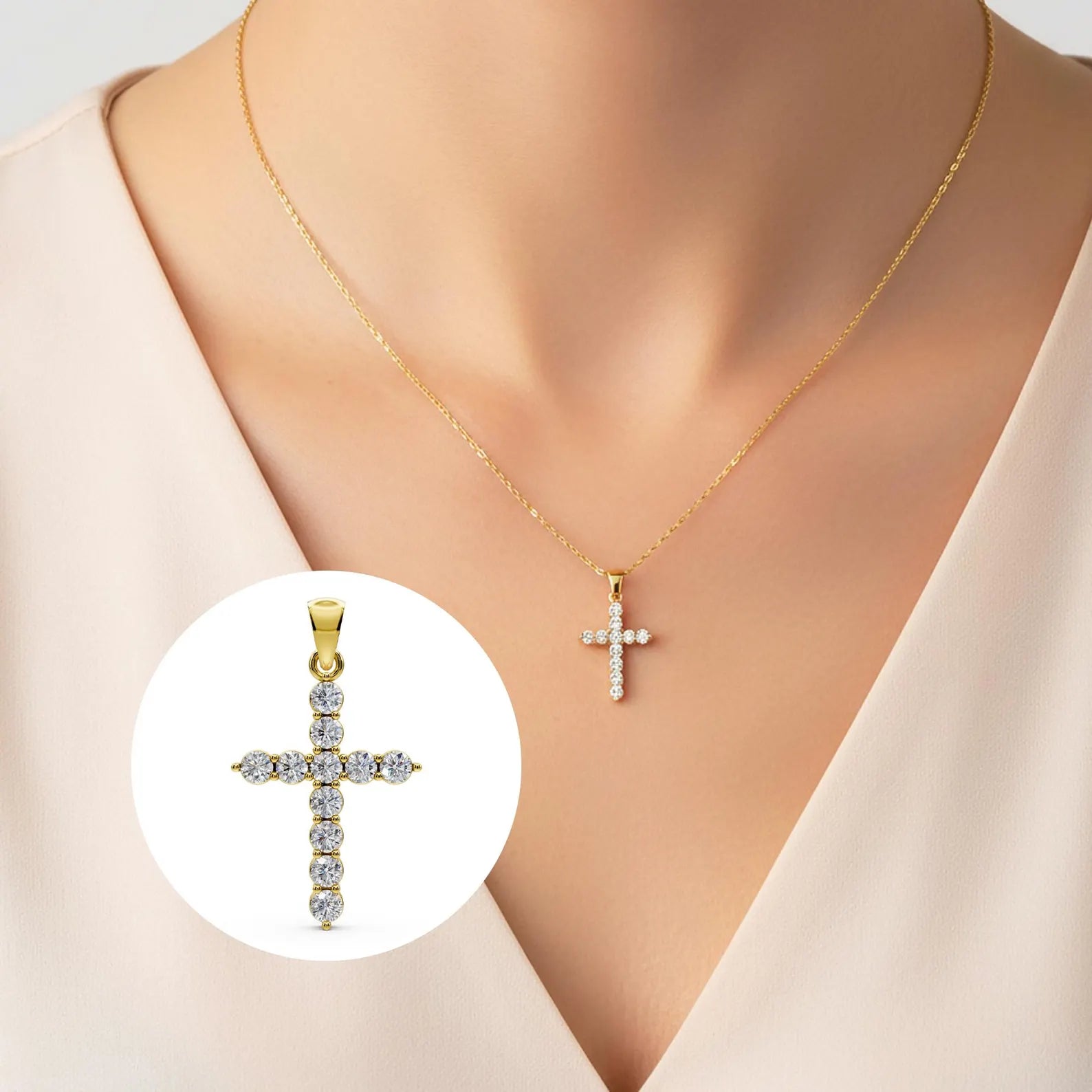 Diamond Cross Pendant Solid Gold Cross Necklace Lab Grown Diamond Everyday Cross Charm