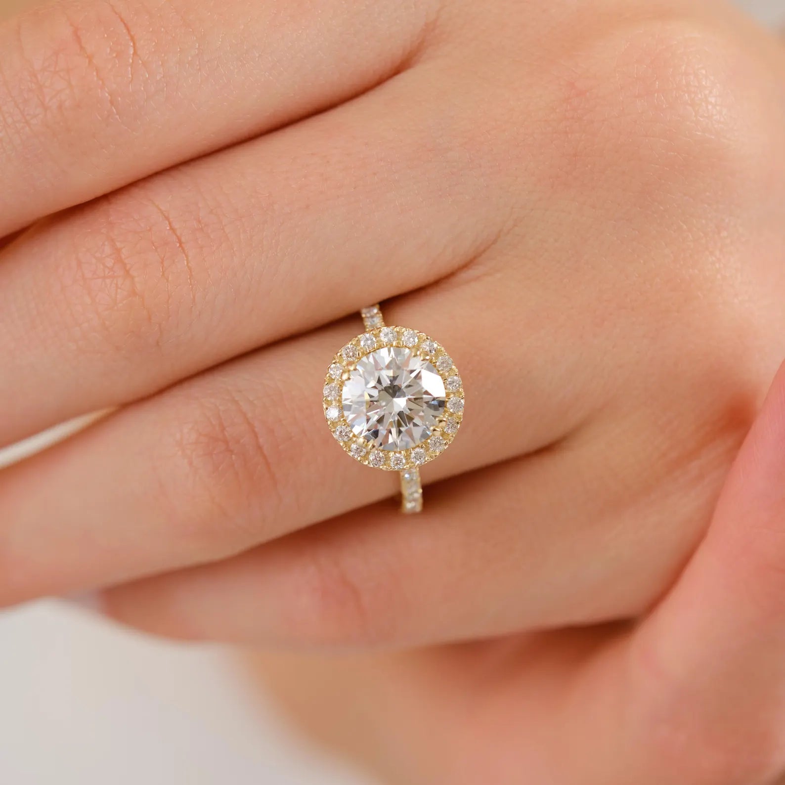 Round Halo Lab Grown Diamond Engagement Ring, Yellow Gold Halo Solitaire Ring, IGI Certified Diamond Ring, Pave Band, Halo Diamond Ring