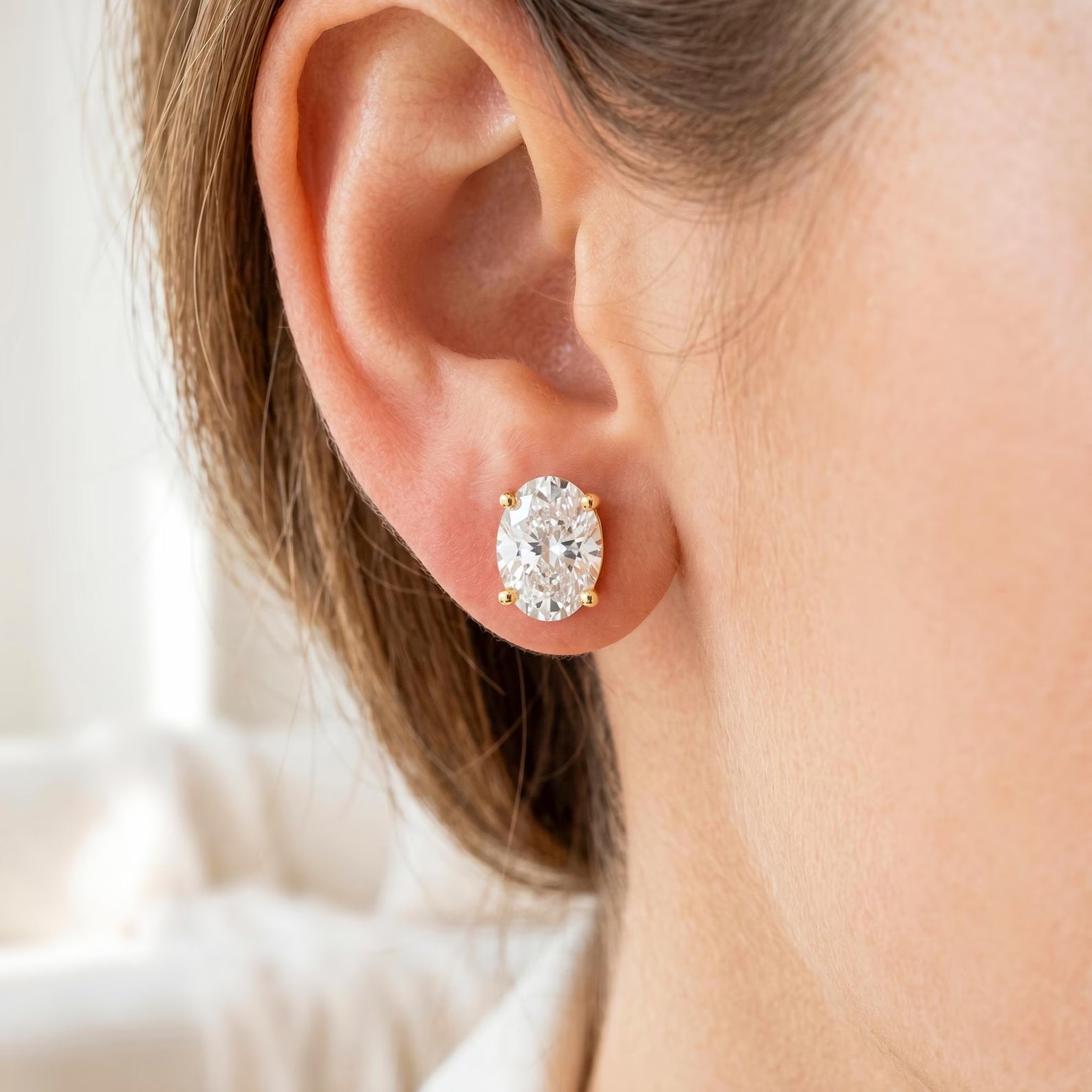 Oval Cut Lab Grown Diamond Stud Earrings, Yellow Gold Solitaire Studs, Oval Diamond Earrings, Minimalist Gift for Her
