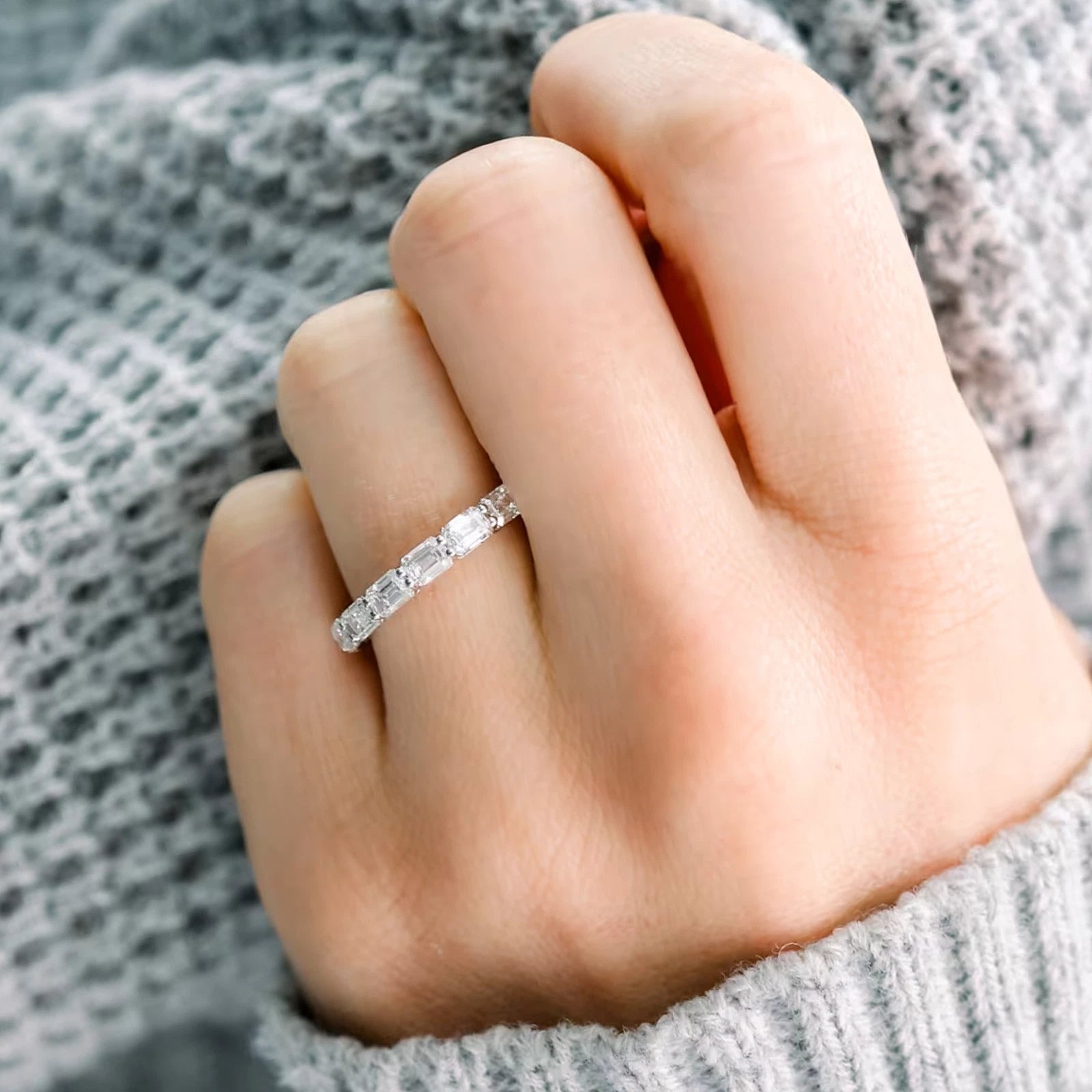 Emerald & Round Lab Diamond Eternity Band, Full Eternity Wedding Ring, White Gold Anniversary Band, Stacking Ring