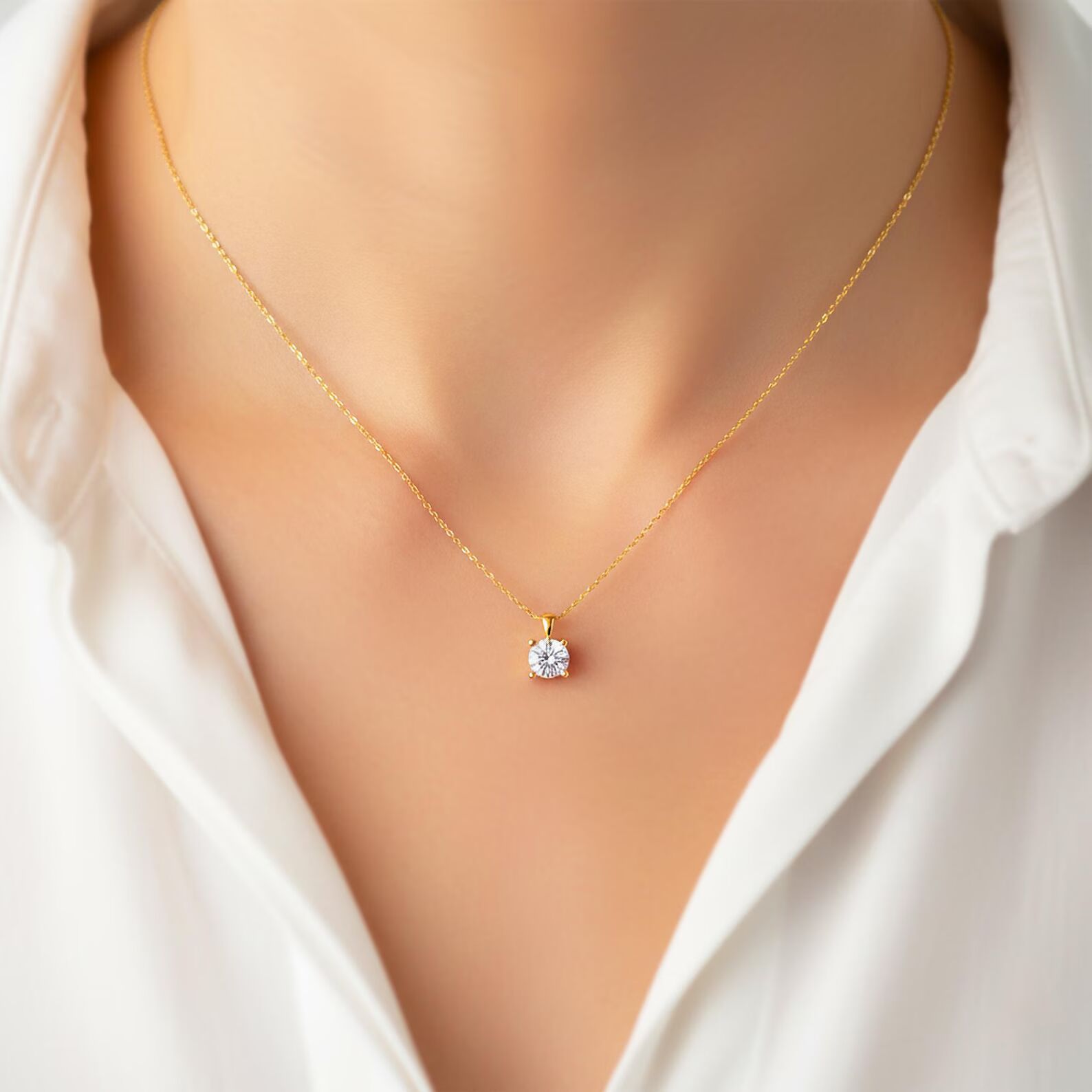 Round Diamond Solitaire Pendant Necklace Solid Gold Lab Grown Diamond Minimalist April Birthstone IGI Certified