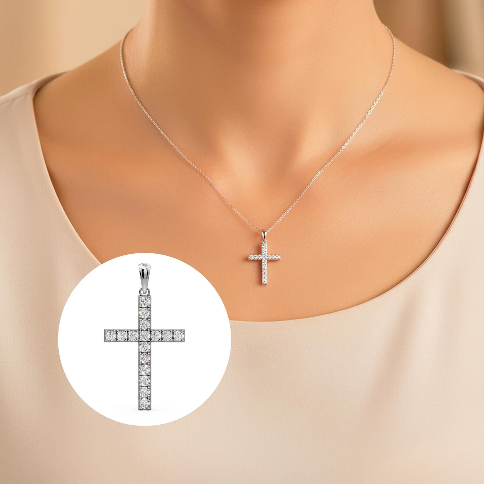 Solid Gold Diamond Cross Necklace Lab Grown Diamond Christian Pendant Religious Jewelry Baptism Necklace