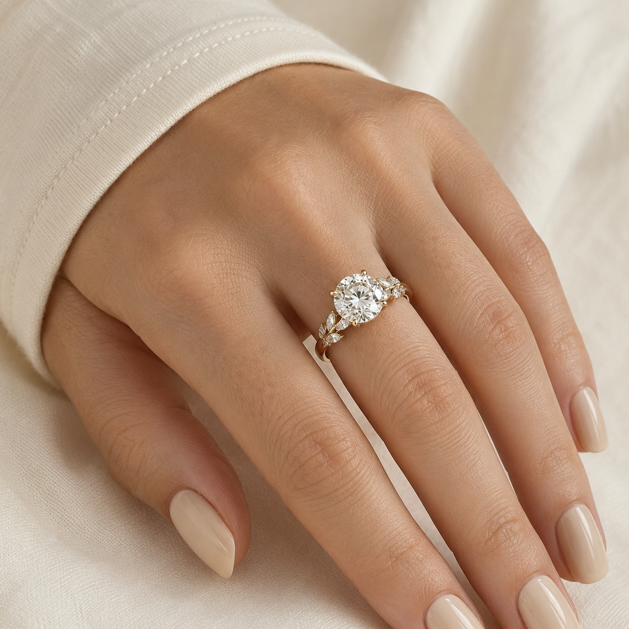 Round Brilliant Cut Engagement Ring, Floral Diamond Ring, Nature Inspired Gold Ring, Vintage Style Wedding Ring, Dainty Statement Ring