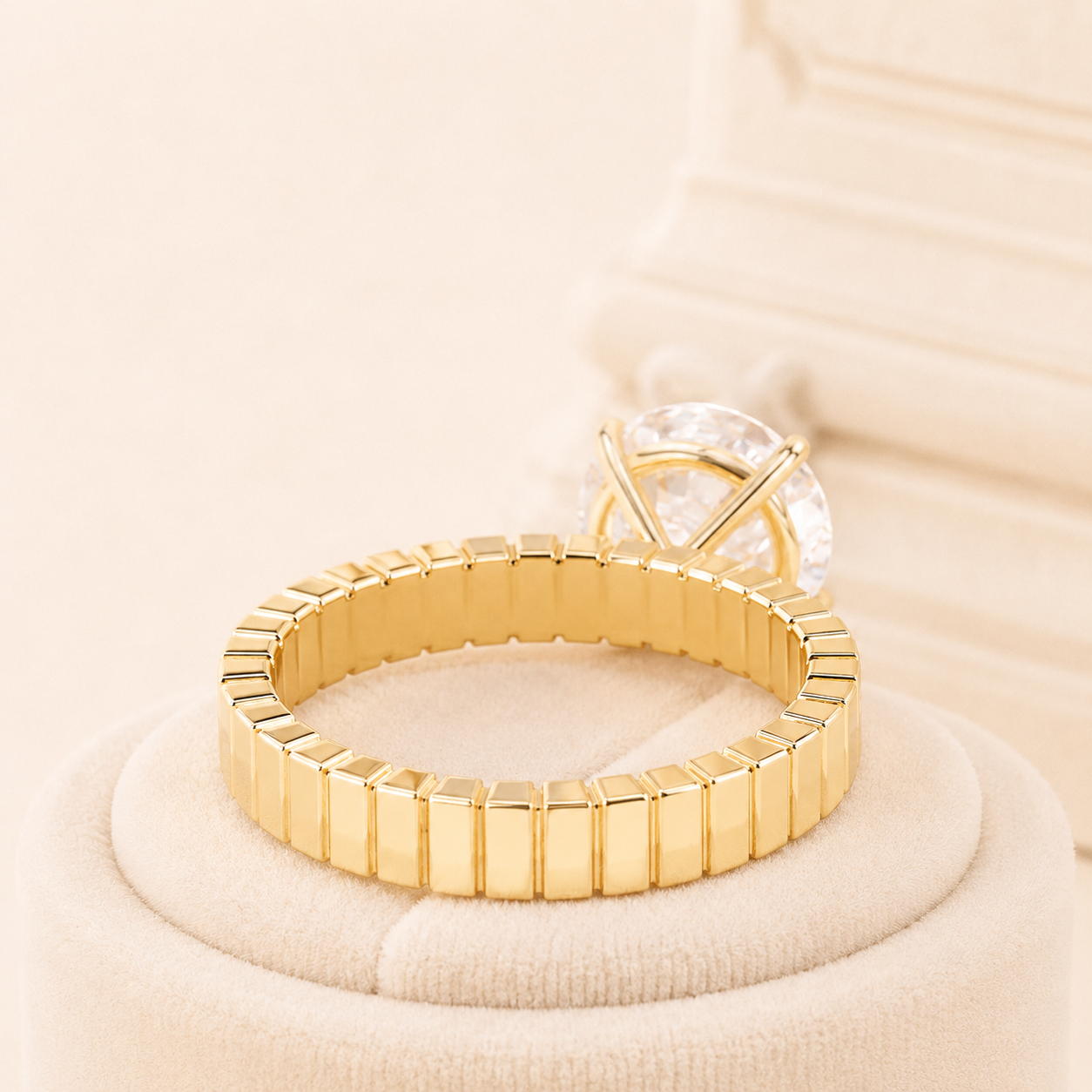 Round Diamond Engagement Ring, Wide Band Solitaire Ring, Lab Grown Diamond Ring, Yellow Gold Engagement Ring, Modern Geometric Ring