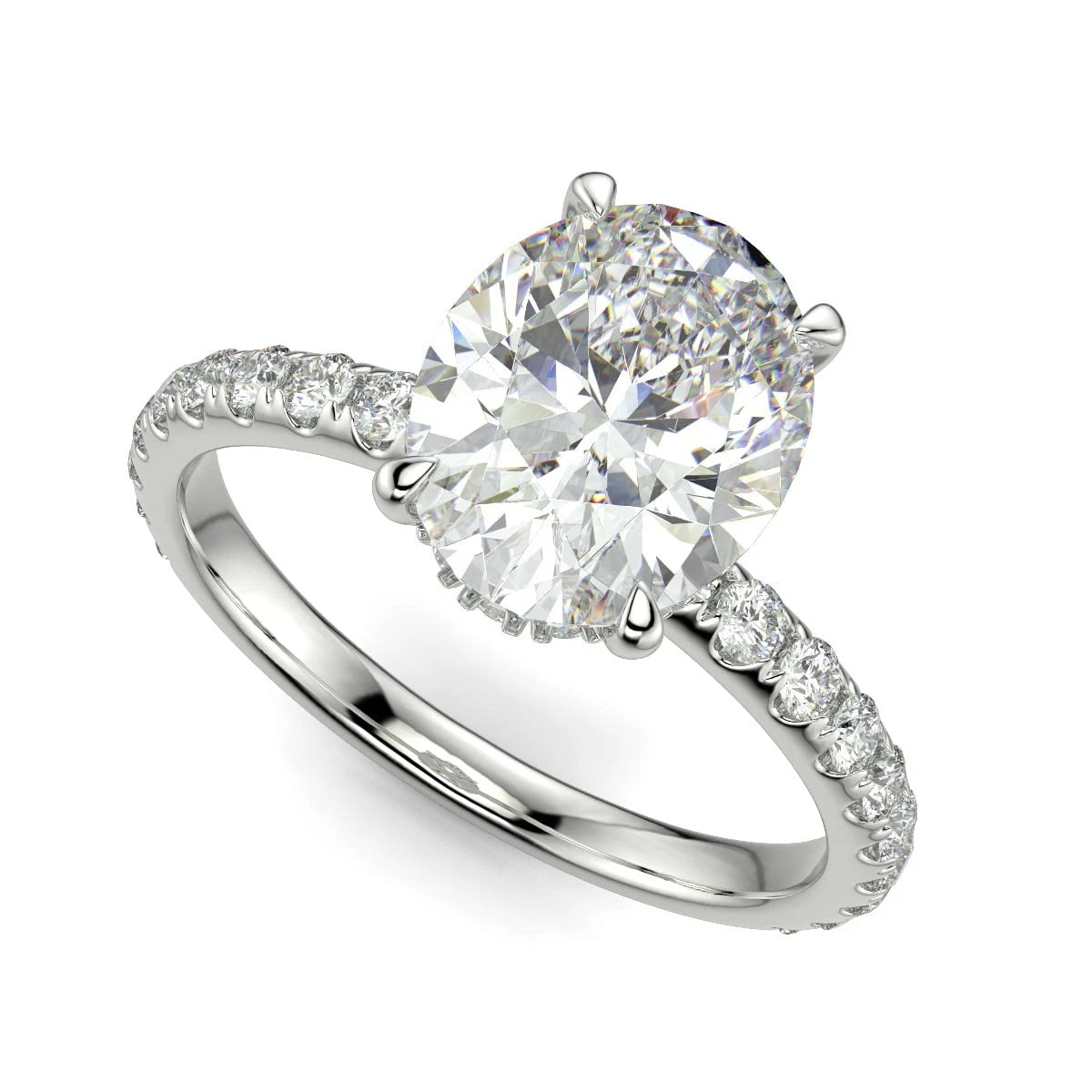 Oval Lab Grown Diamond Engagement Ring, Hidden Halo Pave Wedding Ring for Women, 4 Prong Delicate Anniversary Ring, Solid White Gold Gift