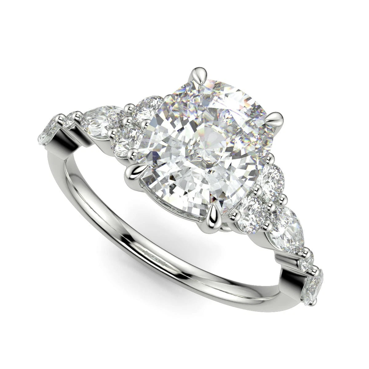 Cushion Cut Lab Grown Diamond Ring, Vintage Cluster Engagement Ring, White Gold Oval Cushion Ring, Unique Multi Stone Wedding Band Her
