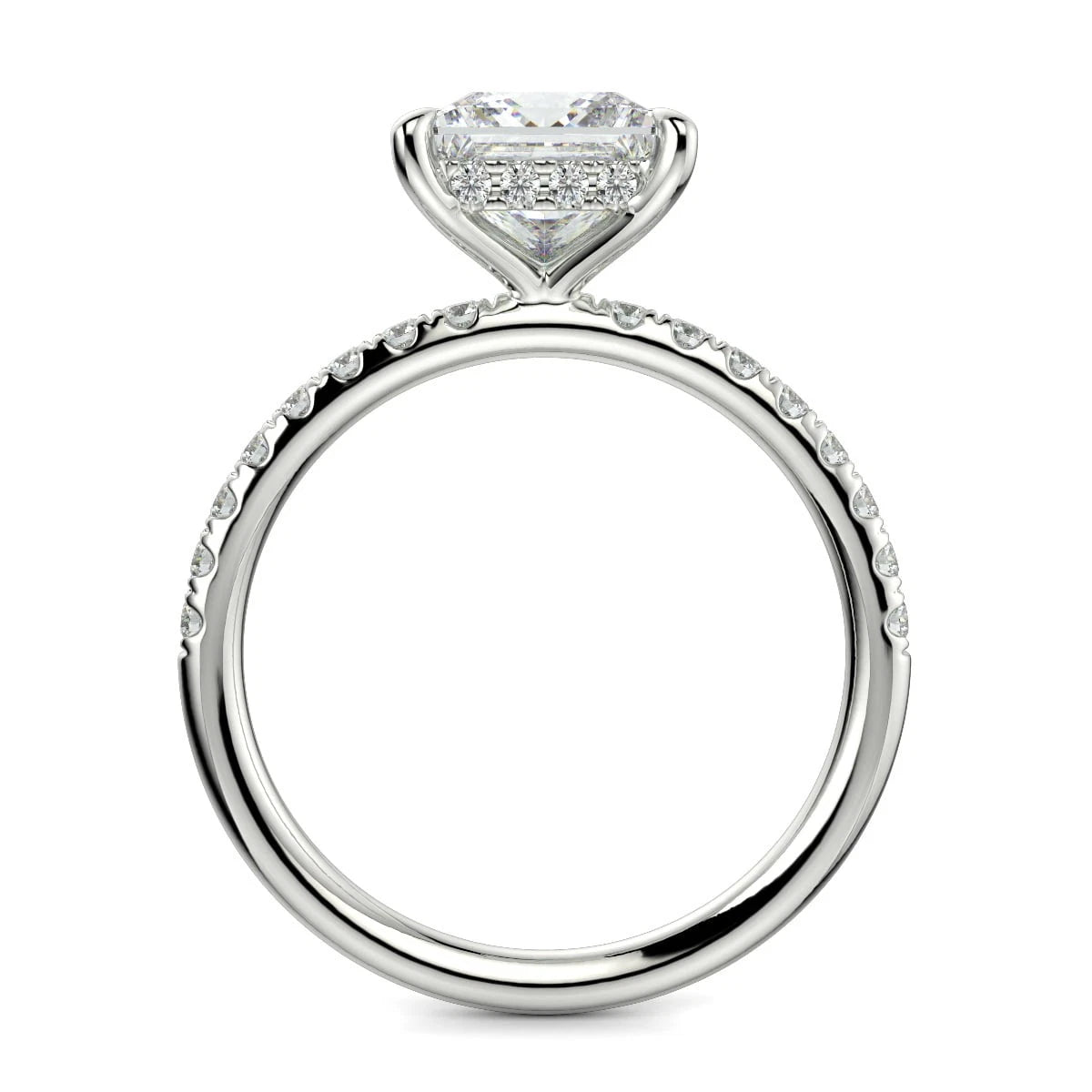Princess Cut Lab Grown Diamond Engagement Ring, Hidden Halo Square Diamond Ring, Pave Band Wedding Ring, White Gold Promise Ring