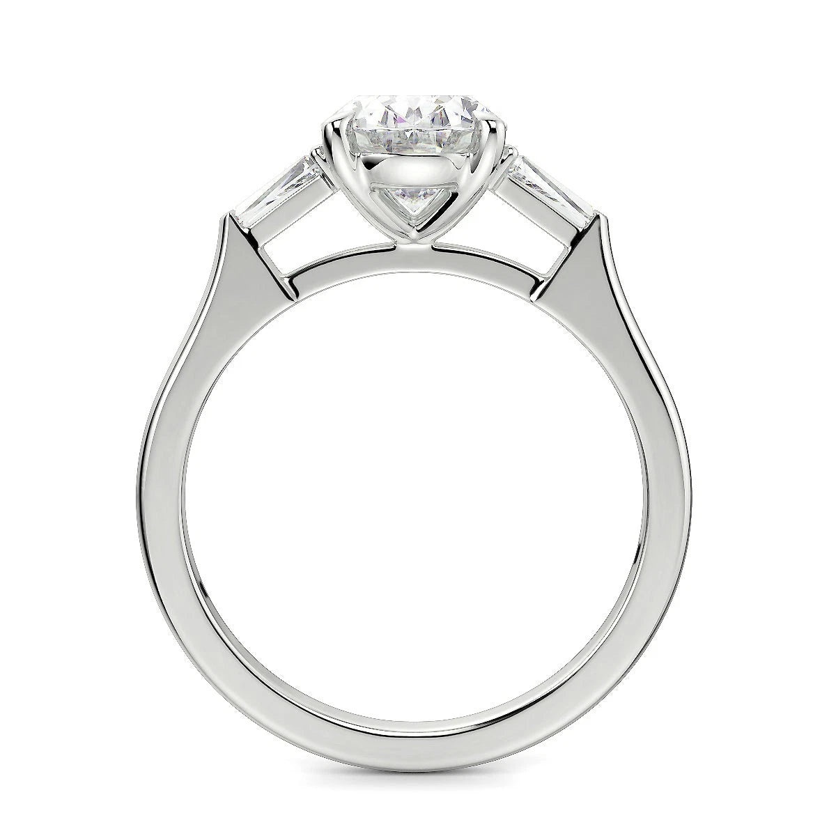 Oval Lab Grown Diamond Engagement Ring, 3 Stone Oval Cut Ring with Tapered Baguette Side Stones, White Gold Diamond Ring, Anniversary Gift