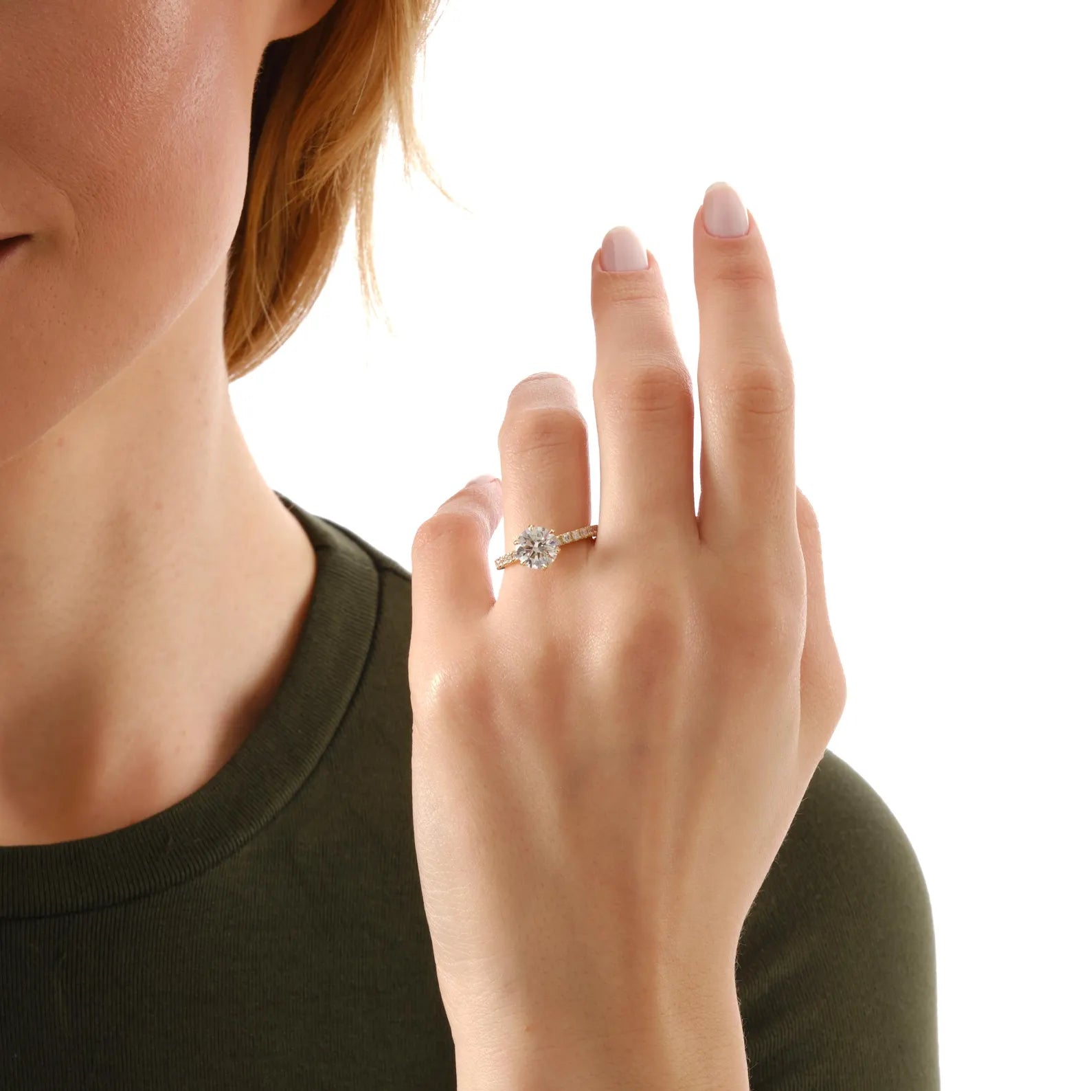 Round Cut Lab Grown Diamond Engagement Ring with Pave Band, Yellow Gold Solitaire Ring, IGI Certified Proposal Ring, Round Solitaire Ring