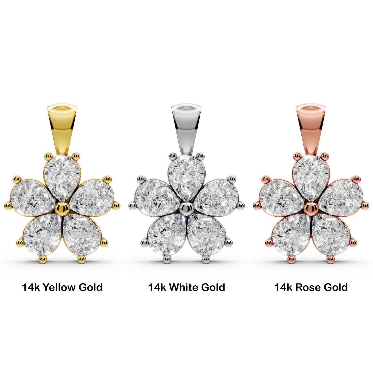 Diamond Flower Pendant Yellow Gold Necklace Lab Grown Pear Diamond Charm Necklace Dainty Floral Minimalist Pendant